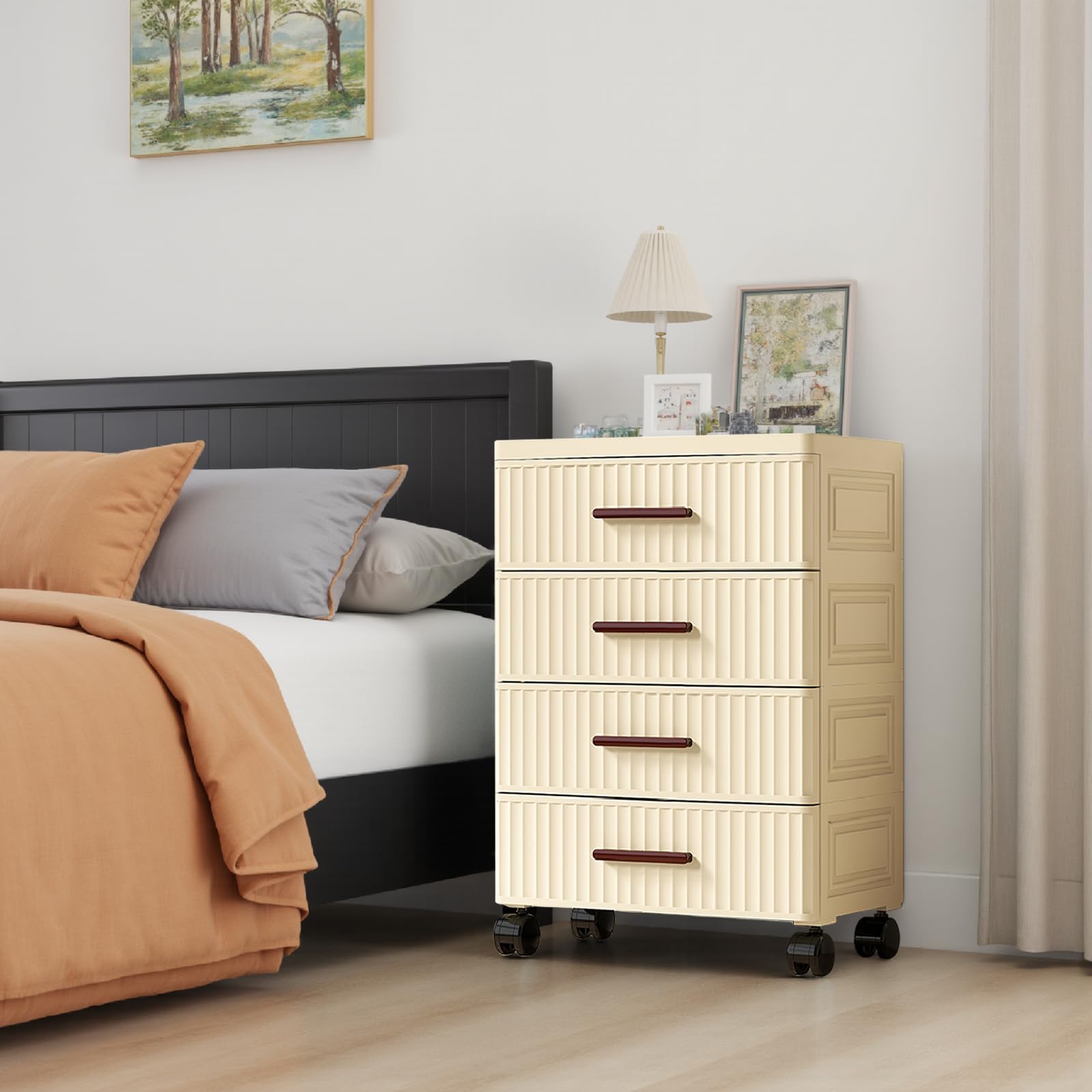Mobiletto portaoggetti multifunzionale Garvee con 4 cassetti, ruote, plastica, colore crema, 48 cm, per camera da letto e soggiorno