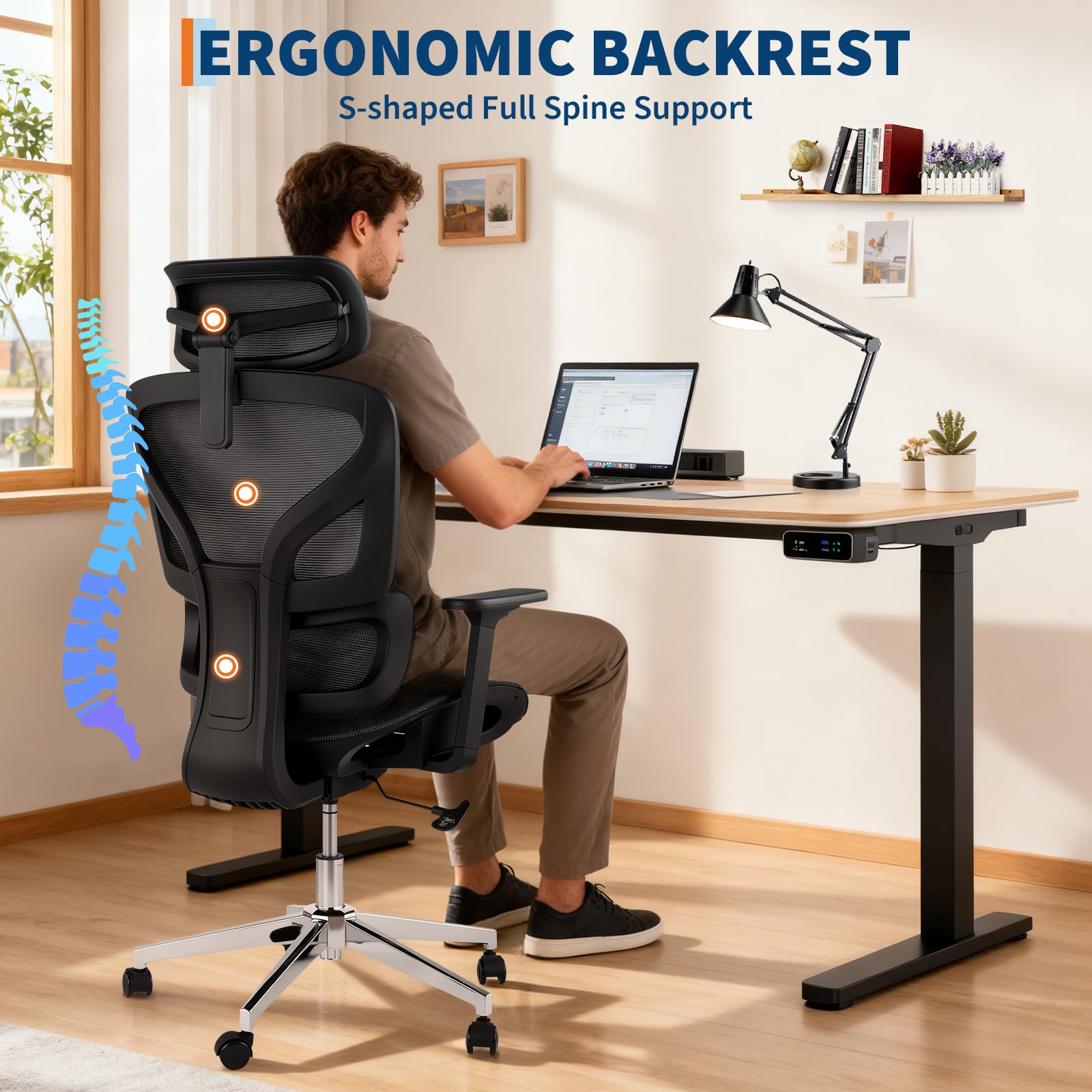 Sedia da ufficio ergonomica Garvee con schienale alto in rete e braccioli 4D, supporto lombare per ufficio domestico, altezza del sedile regolabile, nera