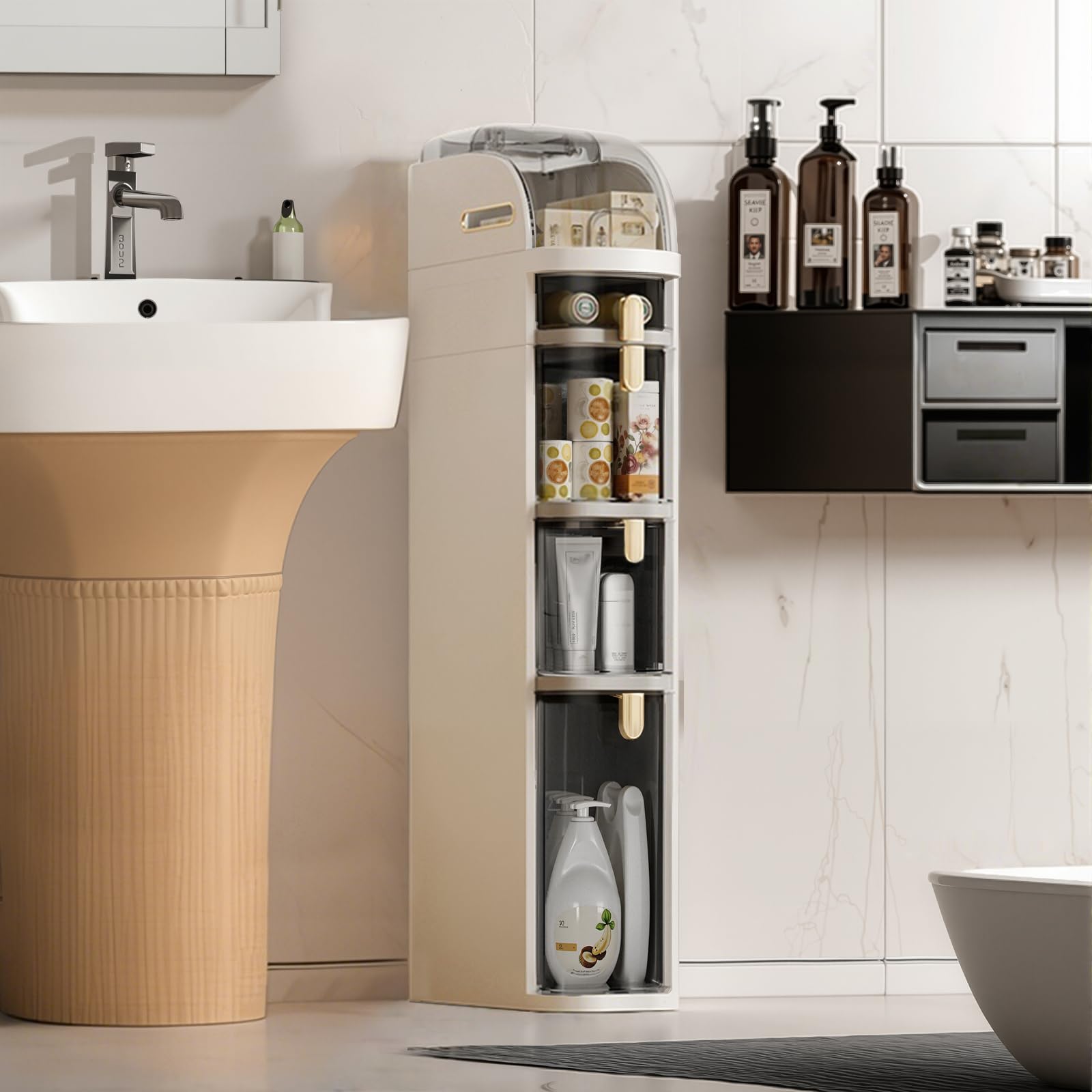 Mobiletto portaoggetti sottile per il bagno Garvee con cassetti e scatola per fazzoletti, impermeabile, in plastica, con ruote, per piccoli spazi, cucina, bagno, soggiorno, stretto