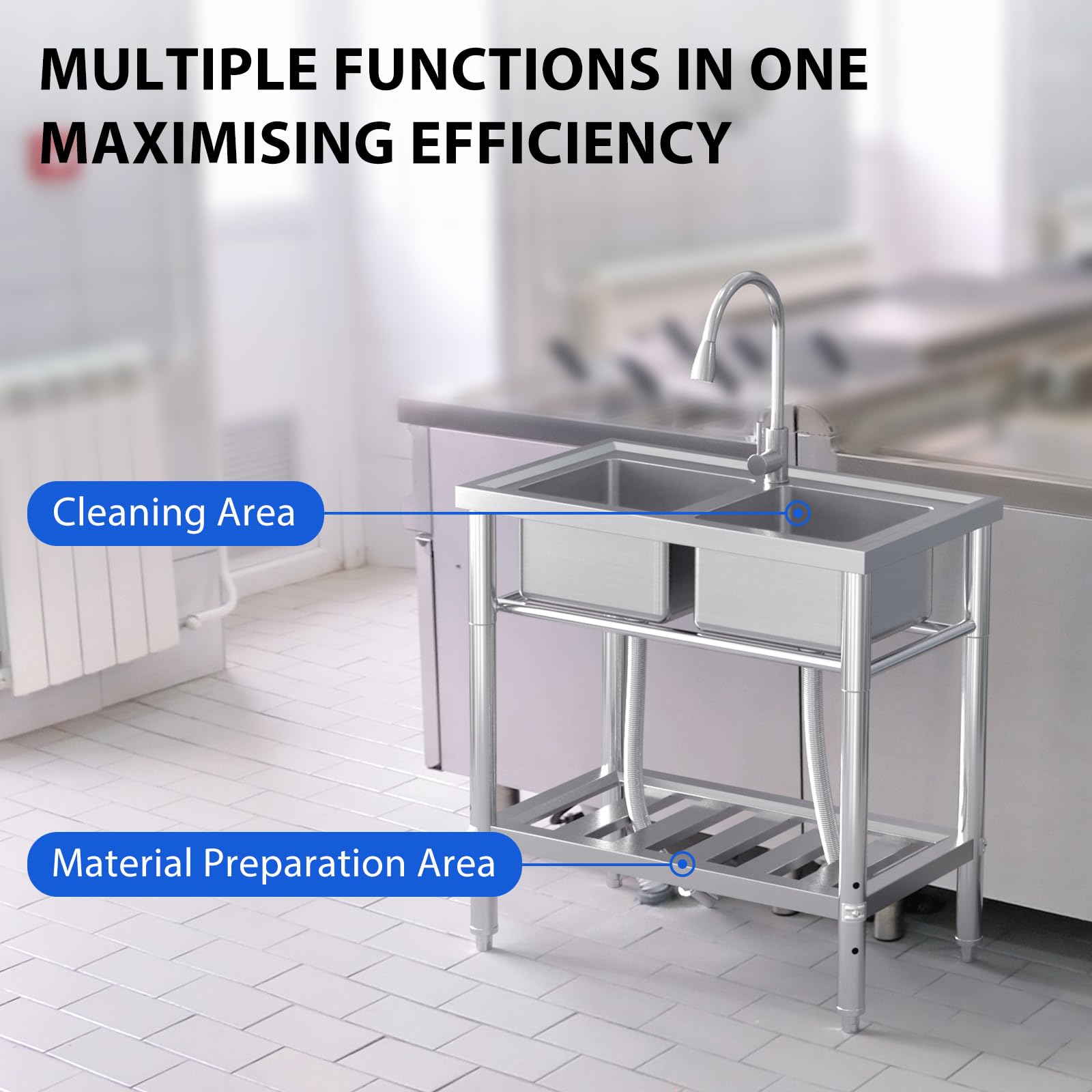 Lavello doppio in acciaio inossidabile Garvee da 33 pollici per garage e giardino, rubinetti per acqua calda e fredda, argento antiruggine, indipendente