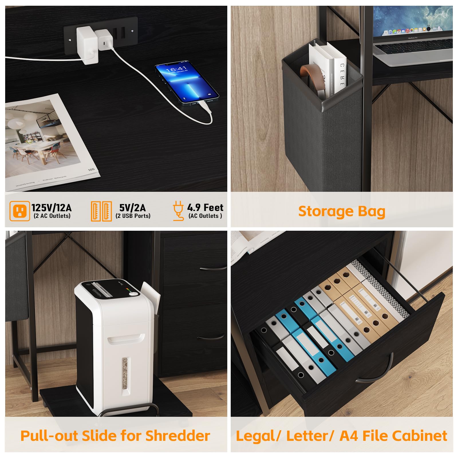 Mobiletto portadocumenti Garvee con strisce LED, mobiletto per ufficio con 2 cassetti e ripiano, tavolo per stampante per ufficio e casa, grande, nero