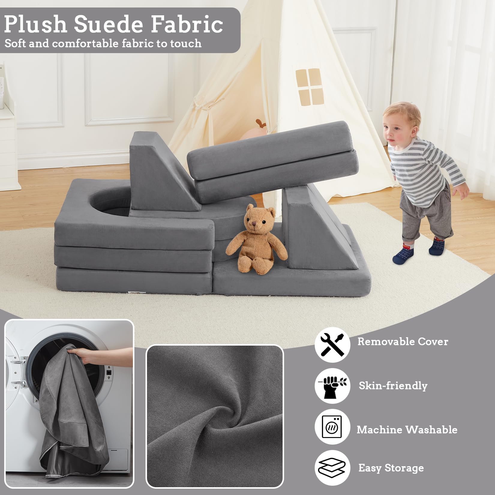 Divano modulare per bambini Garvee 10 pezzi, divano trasformabile in schiuma, microsuede di lusso, grigio scuro, gioco creativo nella cameretta dei bambini