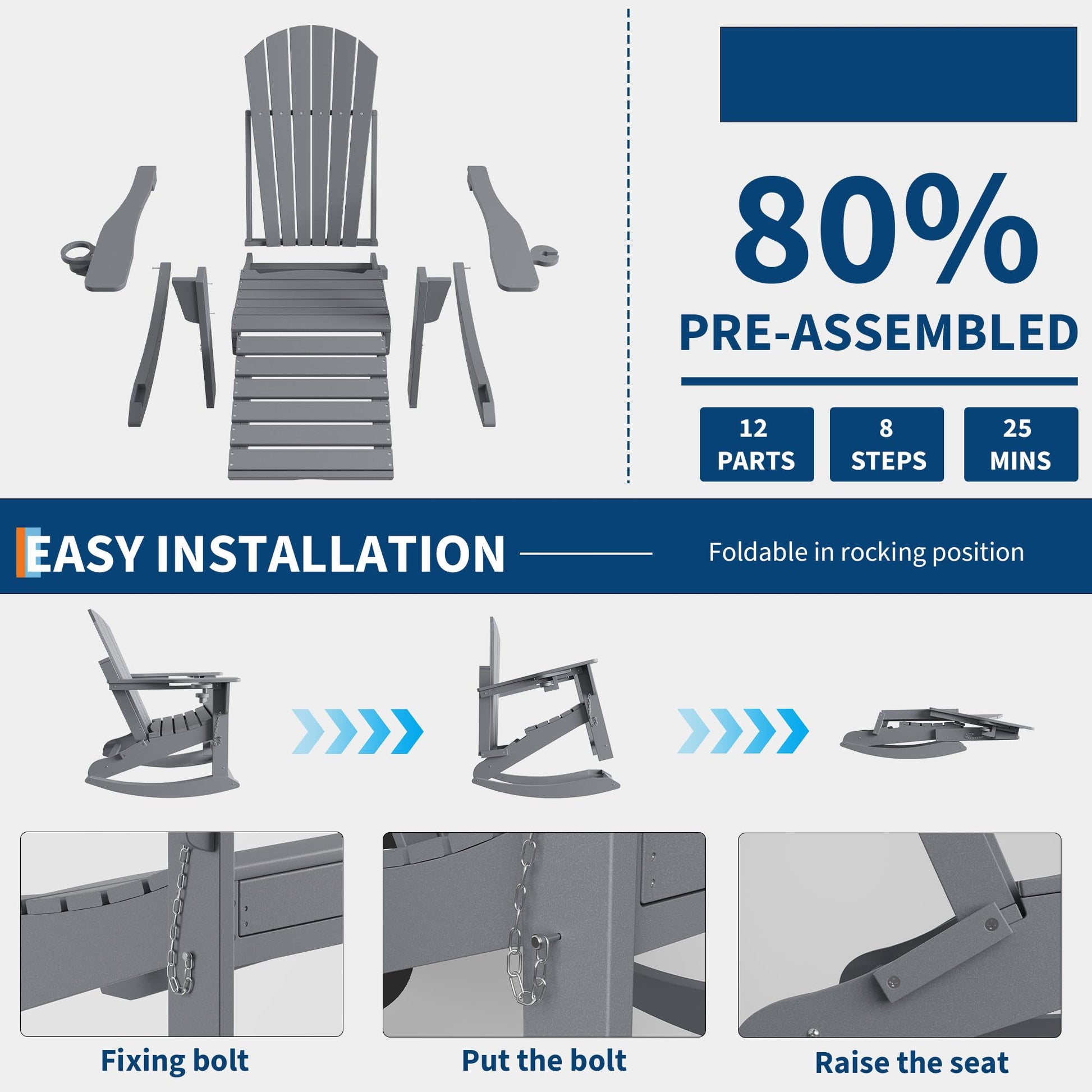 Seduta sul retro del Garvee Adirondack in HDPE con poggiapiedi e portabicchieri, pieghevole, resistente alle intemperie, robusta per patio e giardino