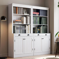 Libreria Garvee alta 71" con cassetto, 5 ripiani, ripiani regolabili, legno, ante a persiana, bianca per soggiorno e ufficio, robusta e versatile