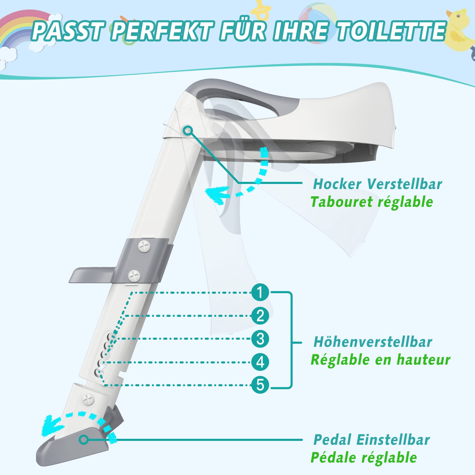 Sedile WC per bambini Garvee con gradini, altezza regolabile, pieghevole, imbottito in PU, antiscivolo, per bambini e bambine, bianco