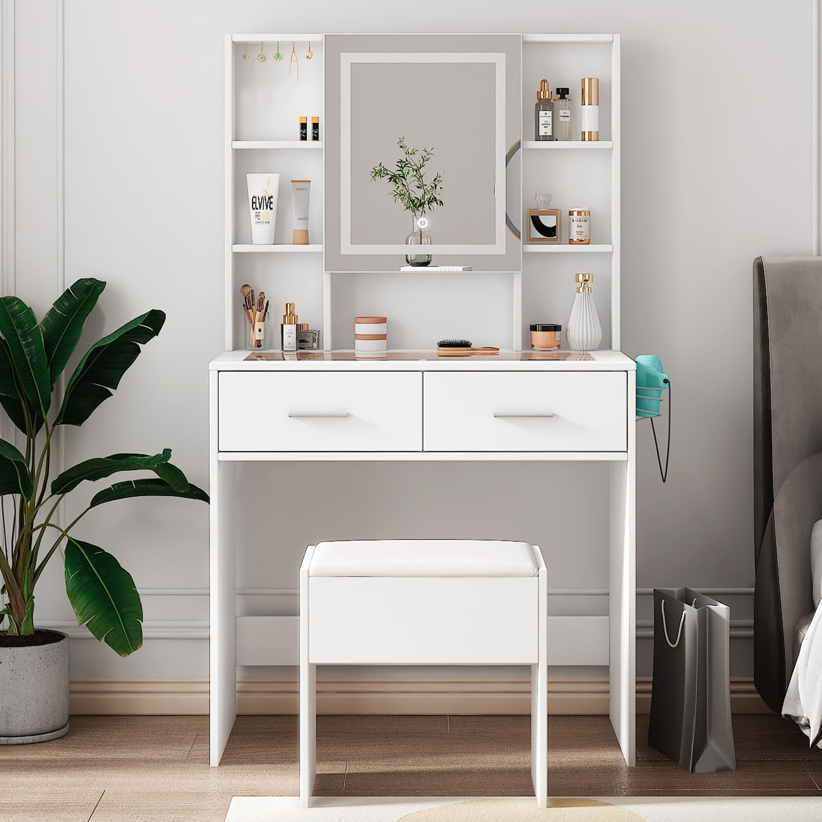 Set da parrucchiere Garvee con specchio LED, 2 cassetti, 4 ripiani, piano in vetro, presa elettrica, porta asciugacapelli, bianco, design moderno per camera da letto