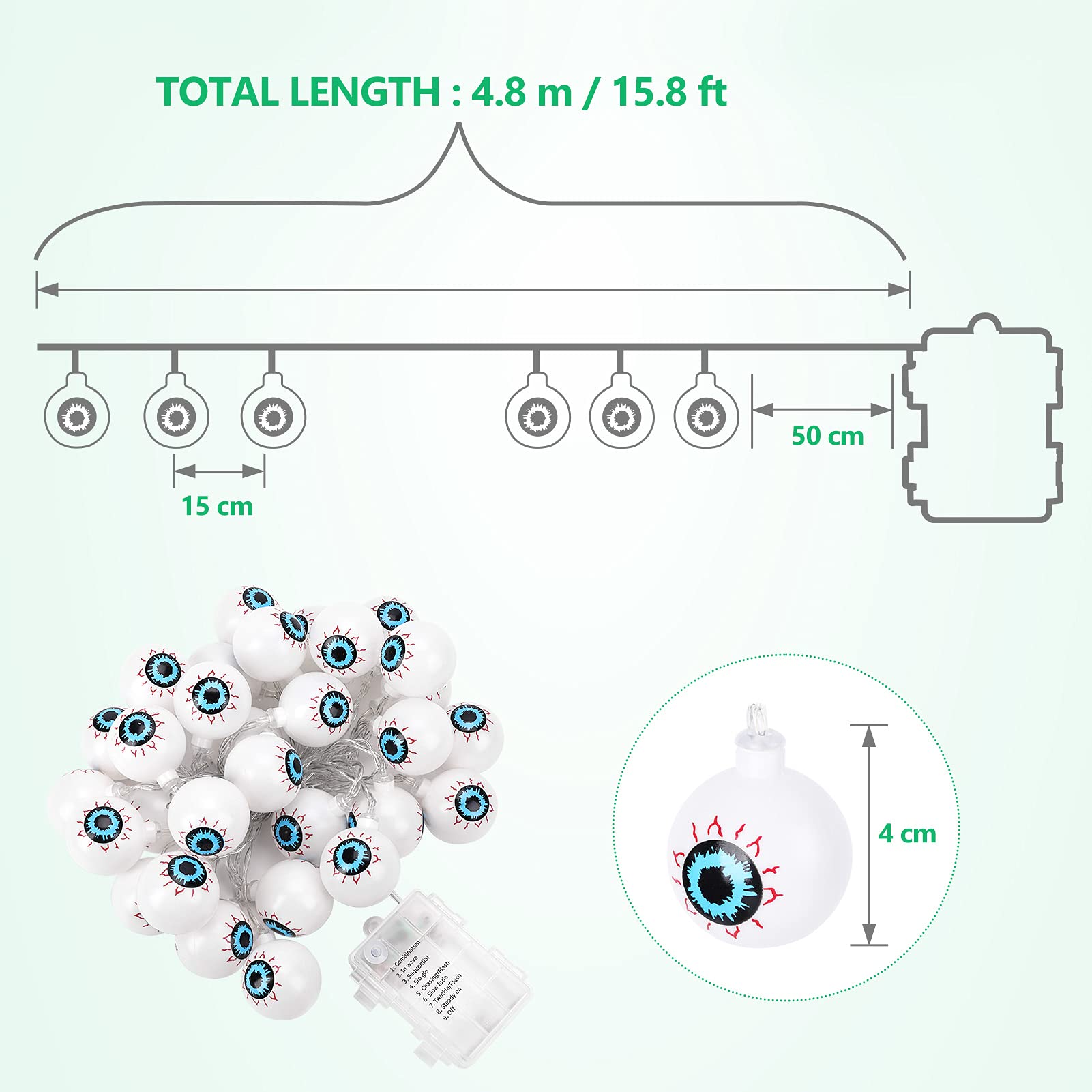 Garvee Luce LED Halloween Augapfel 5m 30 LED 8 Modi Batteria IP44 Verde Interno Esterno Festa