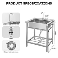 Lavello multiuso in acciaio inox Garvee da 28 pollici con vasca singola, bocca girevole a 360°, vano portaoggetti per cucina e giardino, robusto e antiruggine, argento