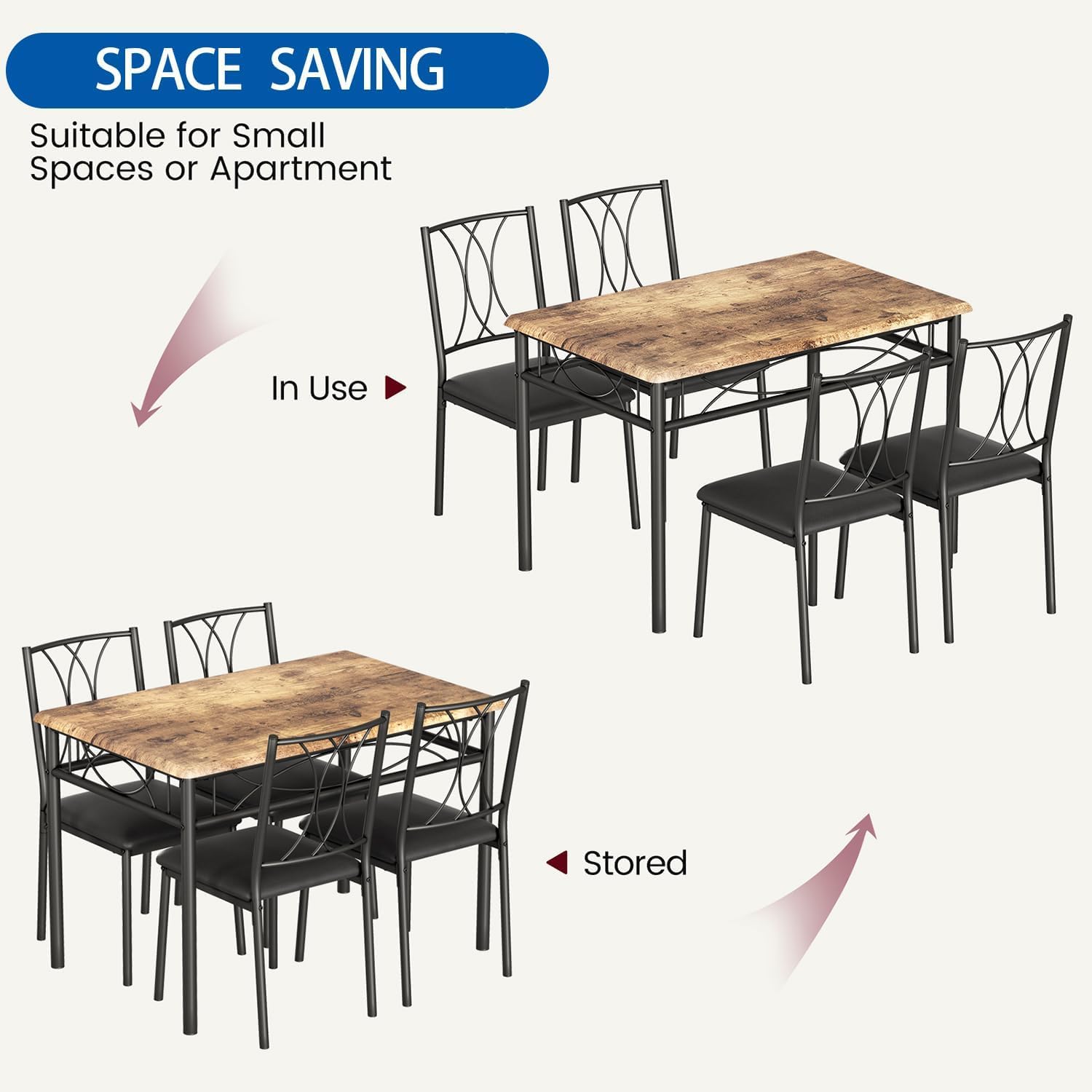Set da pranzo Garvee per 4 persone con tavolo rettangolare in legno e sedie imbottite, struttura in metallo, marrone retrò, salvaspazio per appartamenti