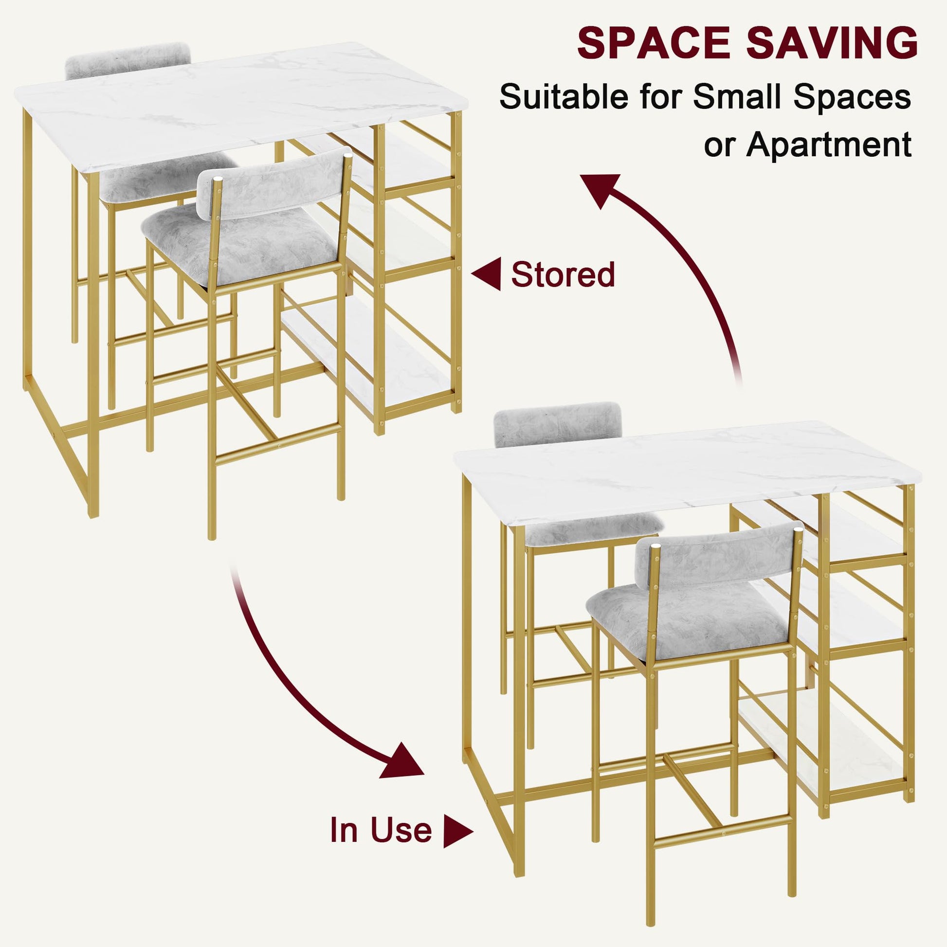 Set da pranzo Garvee per 2 persone con seduta in velluto, 3 ripiani, MDF e acciaio, tavolo in marmo impermeabile, grigio-oro, salvaspazio per punch piccole