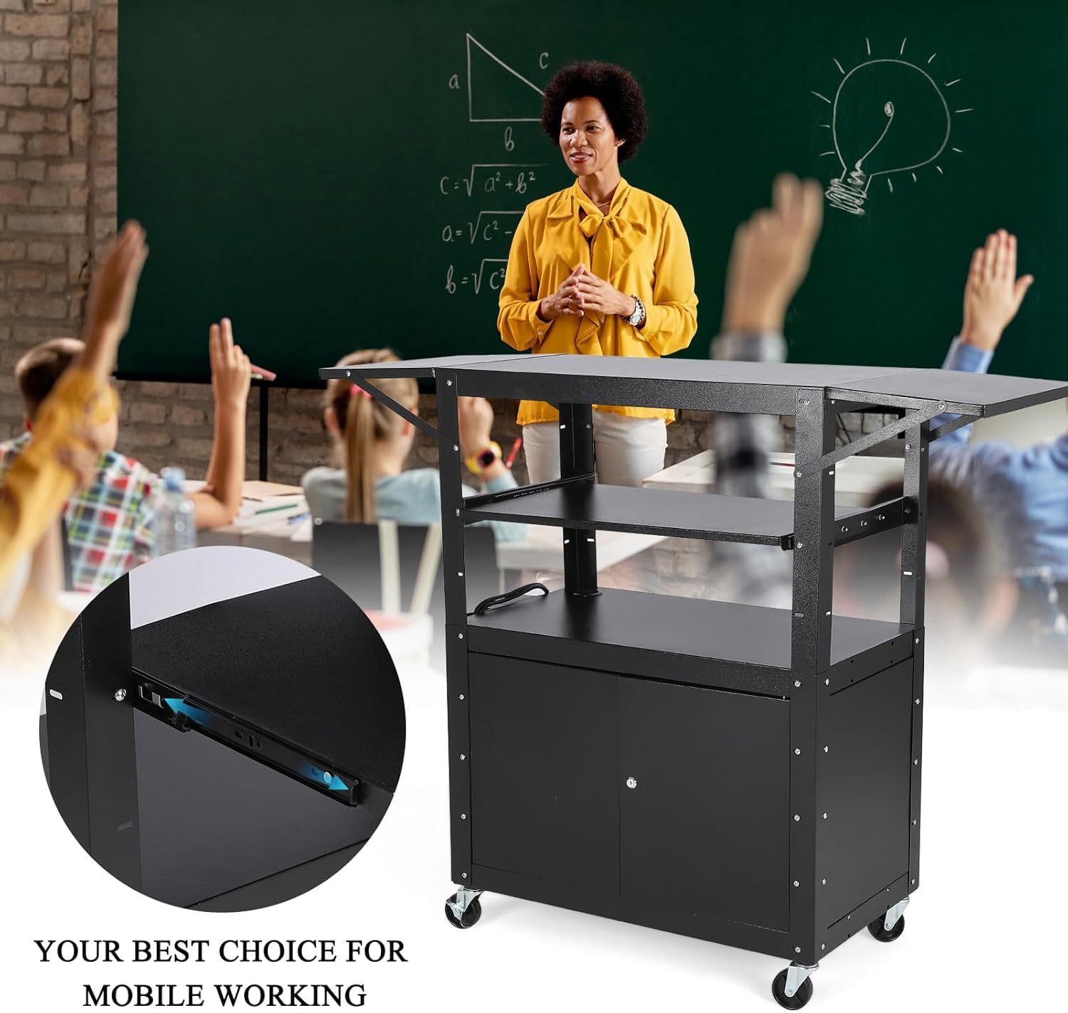 Carrello AV mobile Garvee con mobiletto bloccabile, altezza regolabile, supporto per laptop, acciaio, postazione di lavoro mobile, spazio di archiviazione, ideale per uffici, nero