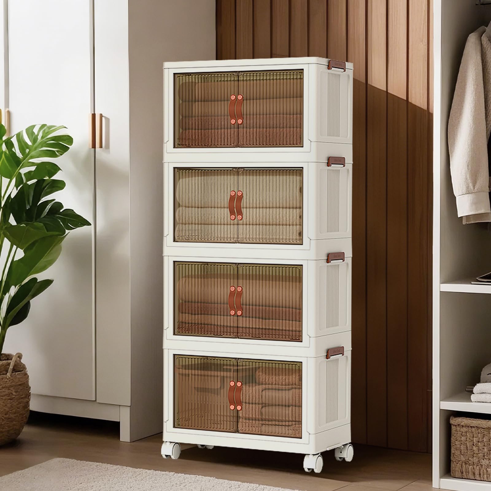 Contenitori impilabili in plastica Garvee, set da 4, 72 QT, con ante e ruote, per camera da letto e garage, trasparenti, robusti, versatili