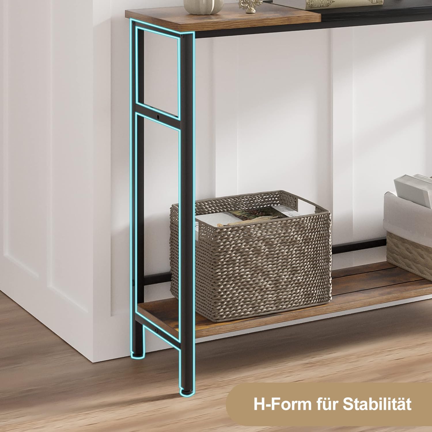 GARVEE Tavolo consolle stretto con ripiani in legno, colore vintage, struttura in metallo, 100x23x80 cm, robusto, per piccoli spazi, corridoio, soggiorno