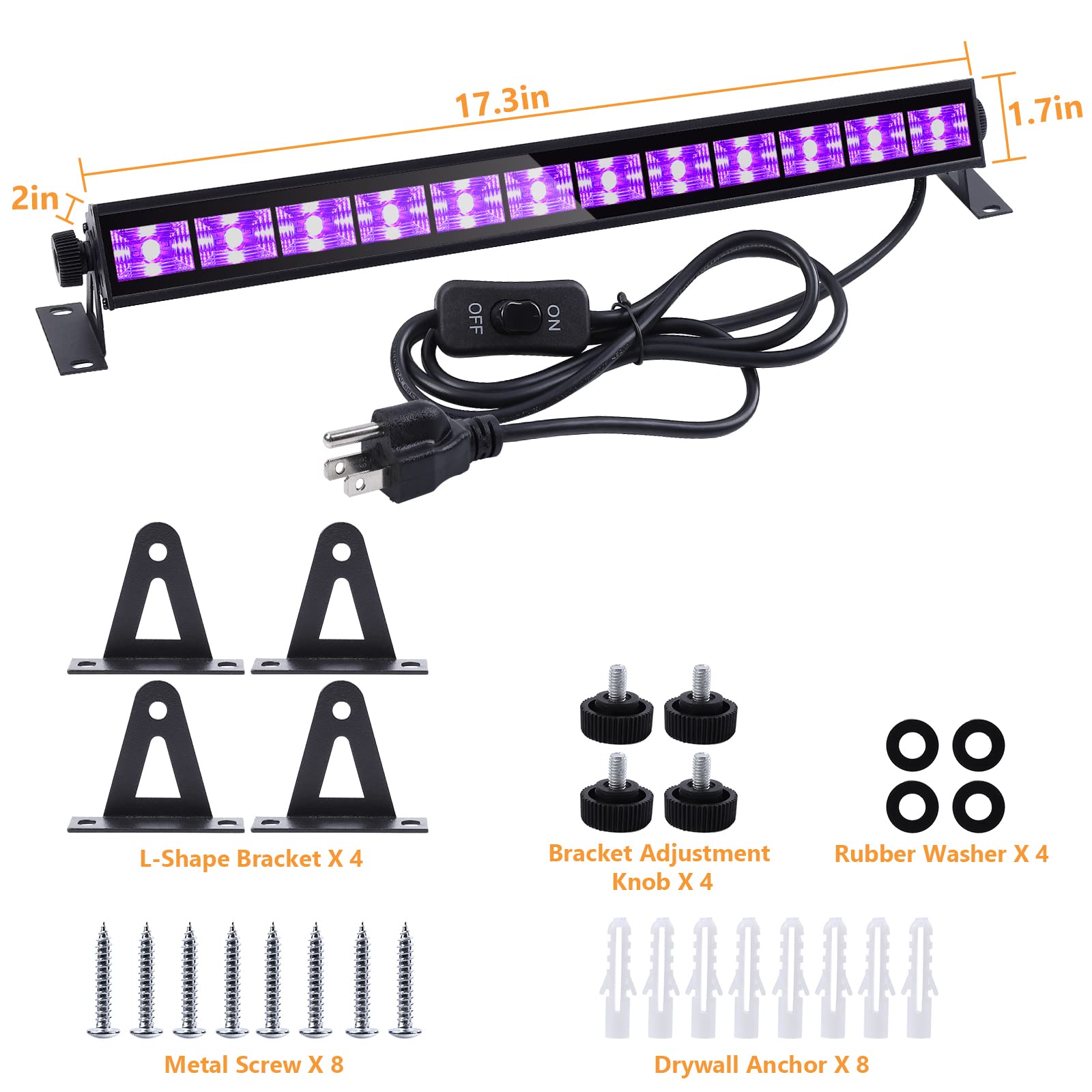 Garvee UV Blacklight 2-Pack 36W 12 LED Blacklight Bar Lampada 390-400nm Lunghezze d'onda UVA Cavo da 1,5M per Halloween Body Painting Decorazione per feste sul palco