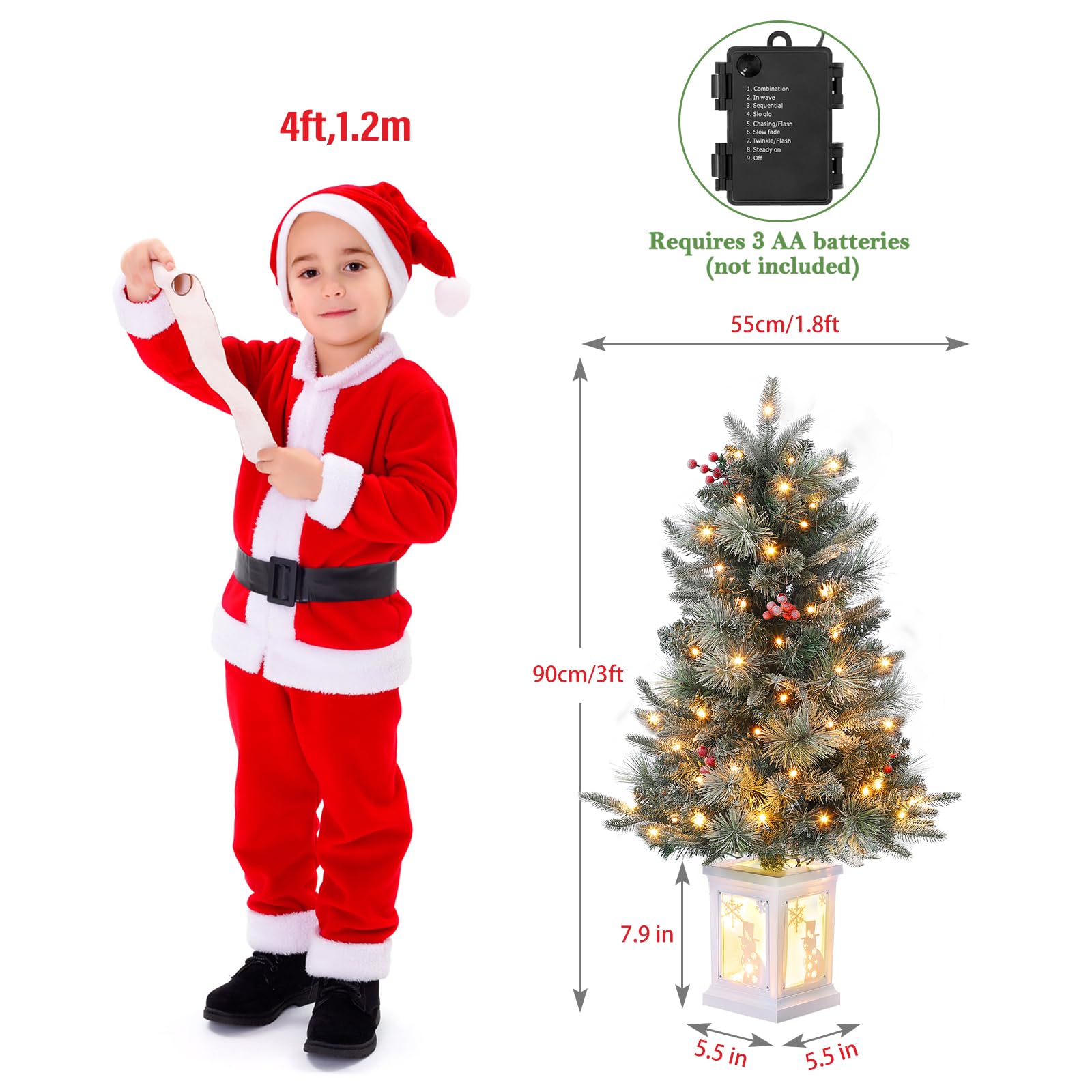 Albero di Natale artificiale Garvee, 1 pezzo – 3 piedi, 78 LED (bianco caldo), 8 modalità di luce, base a forma di pupazzo di neve, fibra ottica, effetto gelo