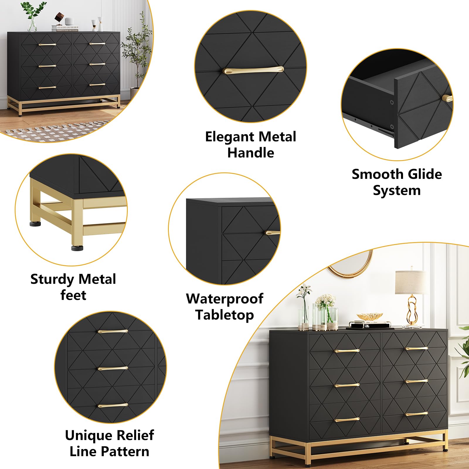 Cassettiera Garvee, camera da letto, 6 cassetti, bianca, moderna con gambe in metallo, per corridoio e soggiorno, 39,4x18,8x28,8 pollici