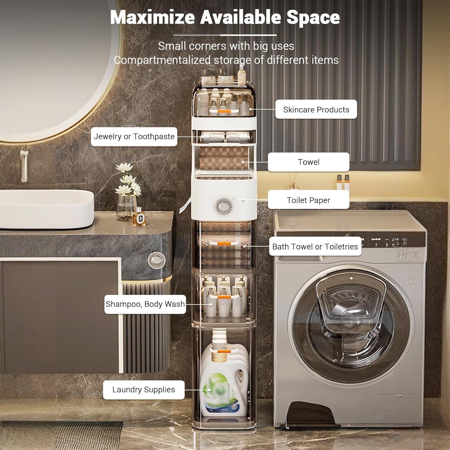 Mobiletto portaoggetti sottile per bagno Garvee, impermeabile con ruote, organizer stretto in plastica per cucina e camera da letto, trasparente, compatto