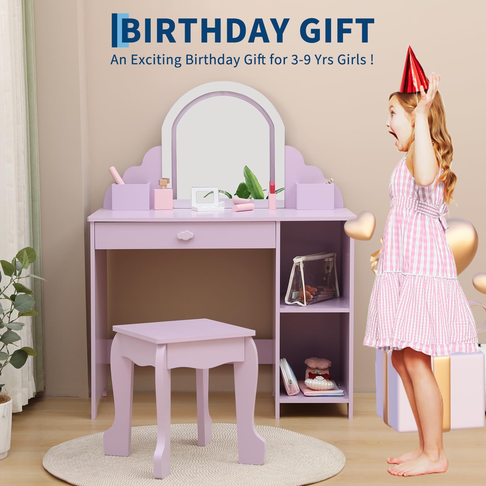 Tavolo da toeletta per bambini Garvee con luce LED, regolabile, MDF, contenitore e sgabello per bambine dai 3 a 9 anni, viola, per sala giochi e camera da letto