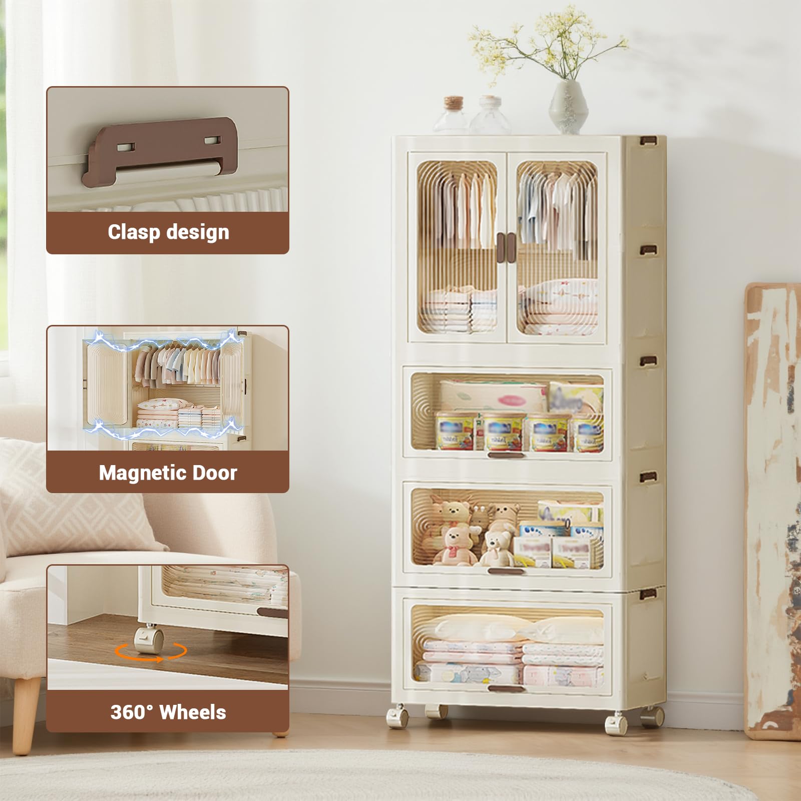Armadio portatile per bambini Garvee a 4 ripiani con ante, appendiabiti in plastica e 10 grucce per camera da letto e sala giochi