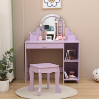 Tavolo da toeletta per bambini Garvee con luce LED, regolabile, MDF, contenitore e sgabello per bambine dai 3 a 9 anni, viola, per sala giochi e camera da letto
