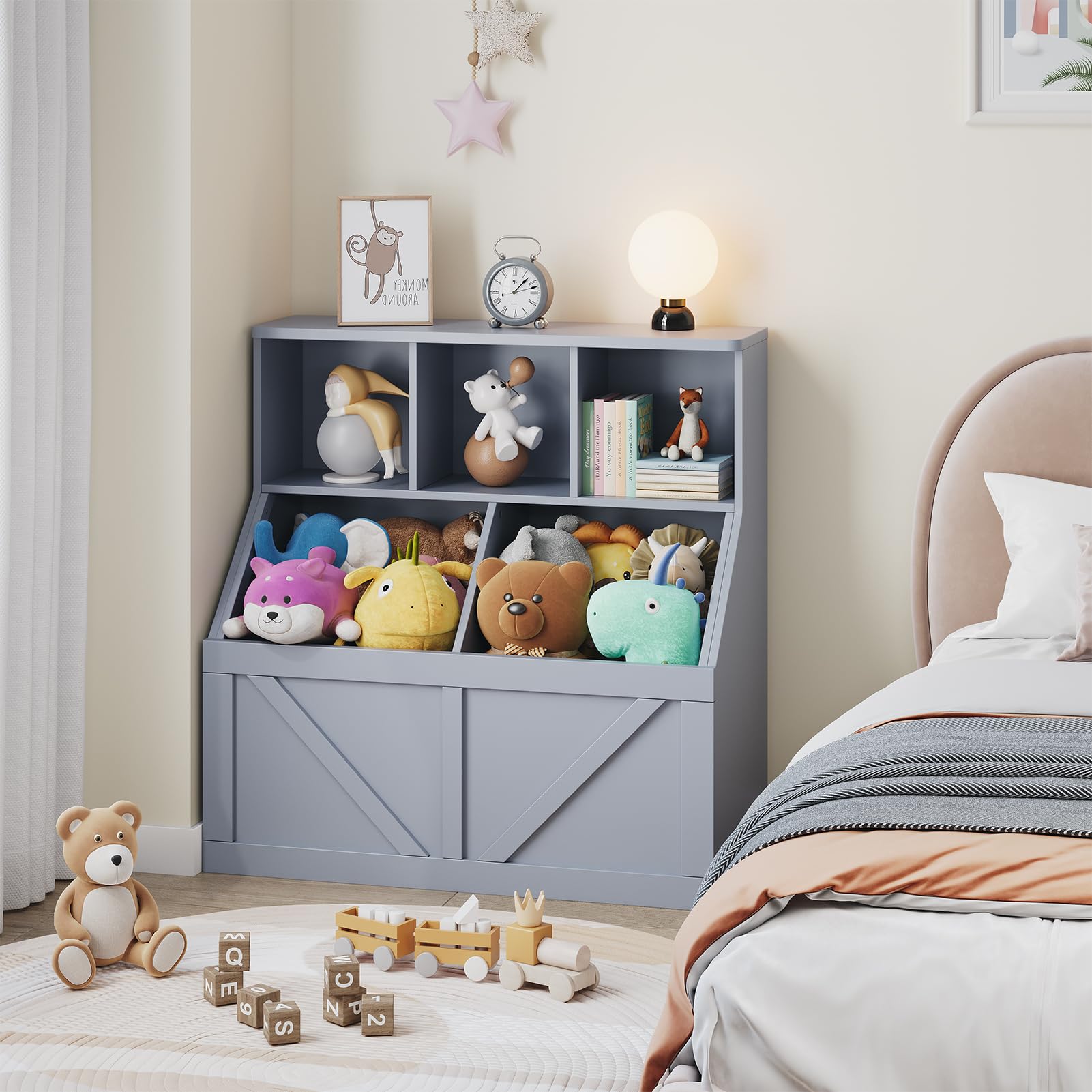 Libreria per bambini e organizer per giocattoli Garvee con 3 ripiani aperti, 2 grandi scatole, grigio per cameretta e sala giochi, robusta, sicura, MDF, 35,4"x16,5"x36,2"