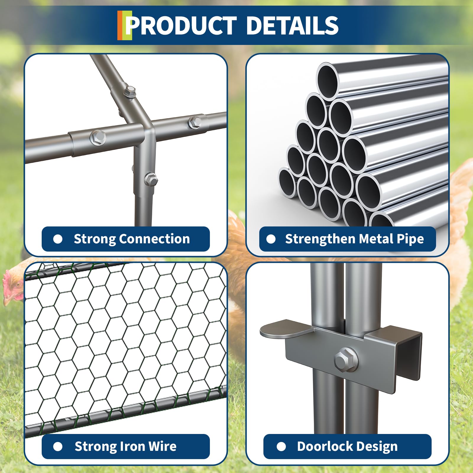 Pollaio Garvee Large 160 x 40 x 40 pollici con 4 porte, resistente alle intemperie, tubo in acciaio zincato, recinzione metallica sicura per polli e conigli, robusta e resistente alle intemperie