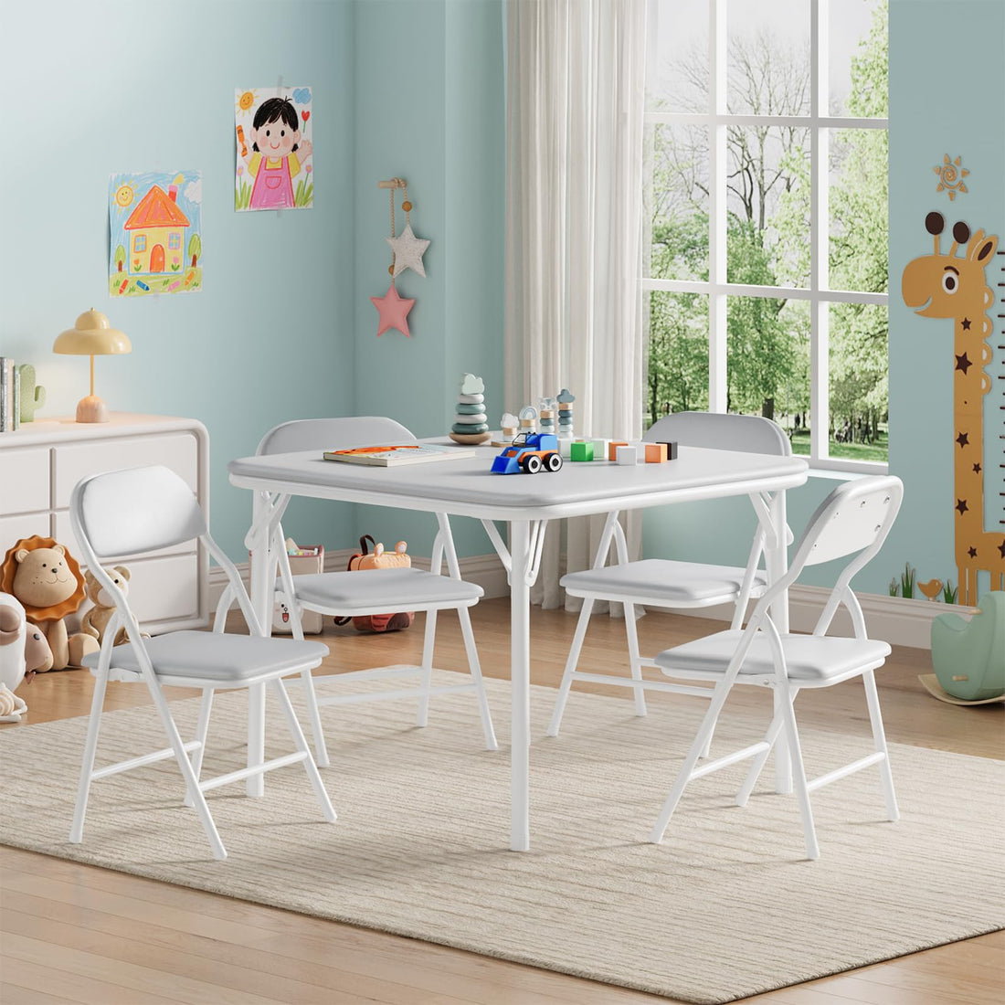 Set tavolo e sedie pieghevoli per bambini Garvee da 5 pezzi, realizzato in robusto metallo con morbida pelle PU per camerette e uso esterno