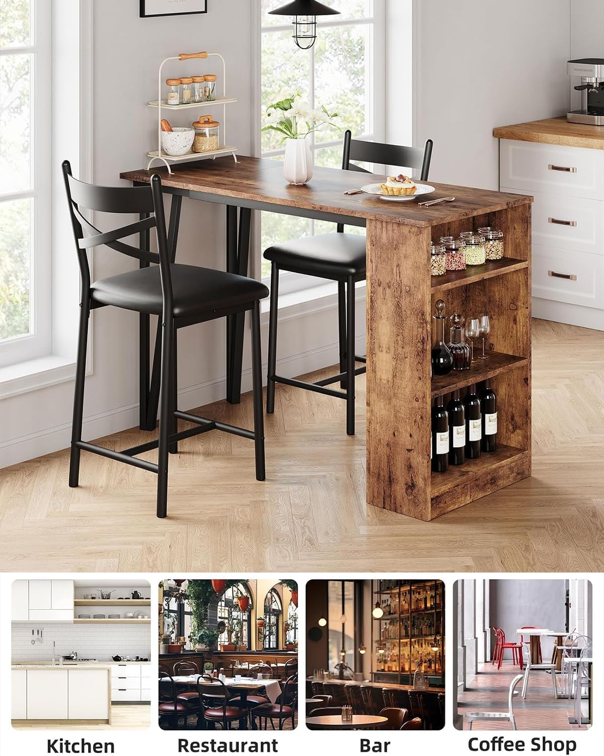 Set tavolo da bar Garvee da 3 pezzi con funzione pieghevole, spazio di archiviazione, acciaio e legno, cuscini ergonomici, marrone, per cucine piccole