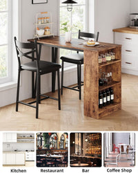 Set tavolo da bar Garvee da 3 pezzi con funzione pieghevole, spazio di archiviazione, acciaio e legno, cuscini ergonomici, marrone, per cucine piccole