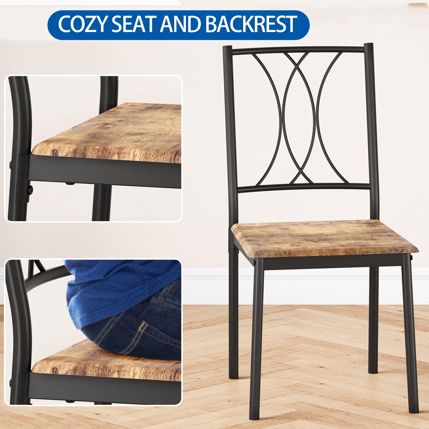 Set da pranzo Garvee da 3 pezzi per 2 persone, quadrato, salvaspazio, piano del tavolo in MDF robusto, sedie ergonomiche in legno, marrone rustico, compatto per piccoli spazi