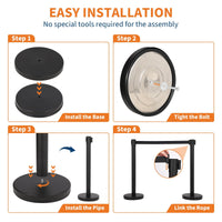 Garvee 2 pezzi Paletto di controllo della folla in acciaio inossidabile e ferro con cinghia a 4 vie per aree ad alto traffico Nero
