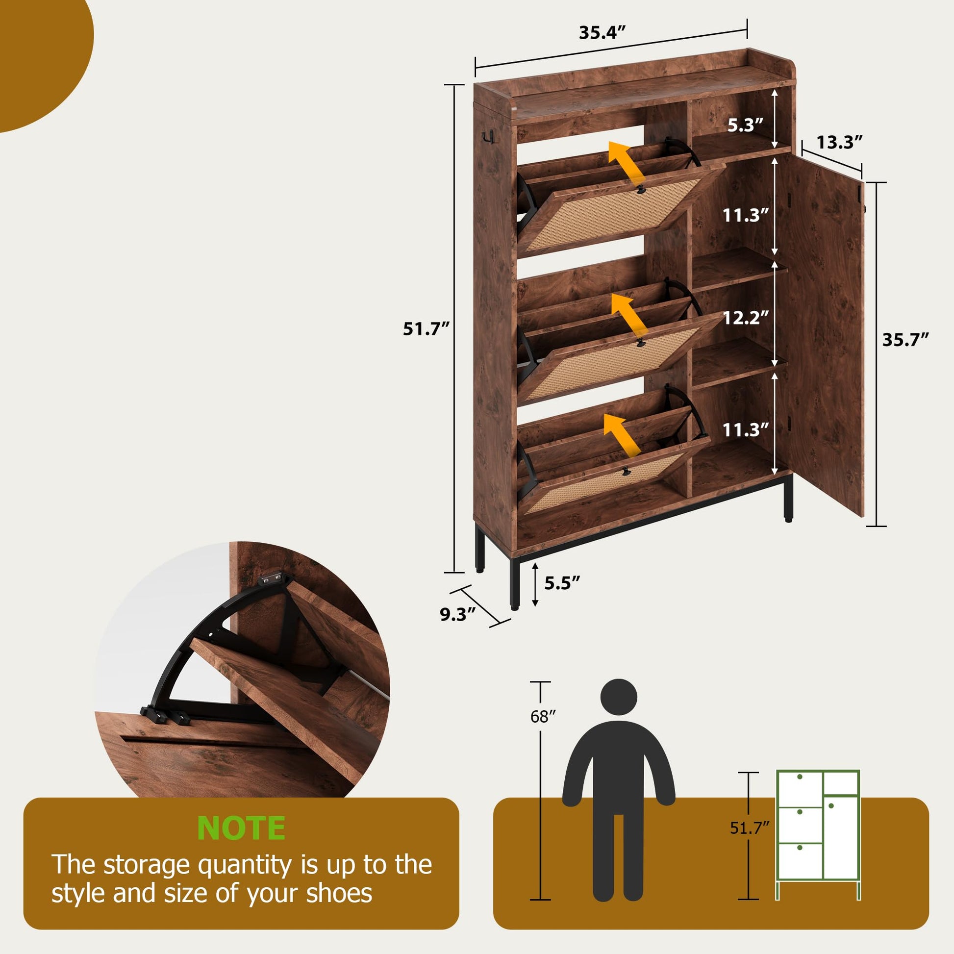 Scarpiera in rattan Garvee con 3 cassetti pieghevoli, ripiani regolabili per corridoio e ingresso, gambe in metallo MDF