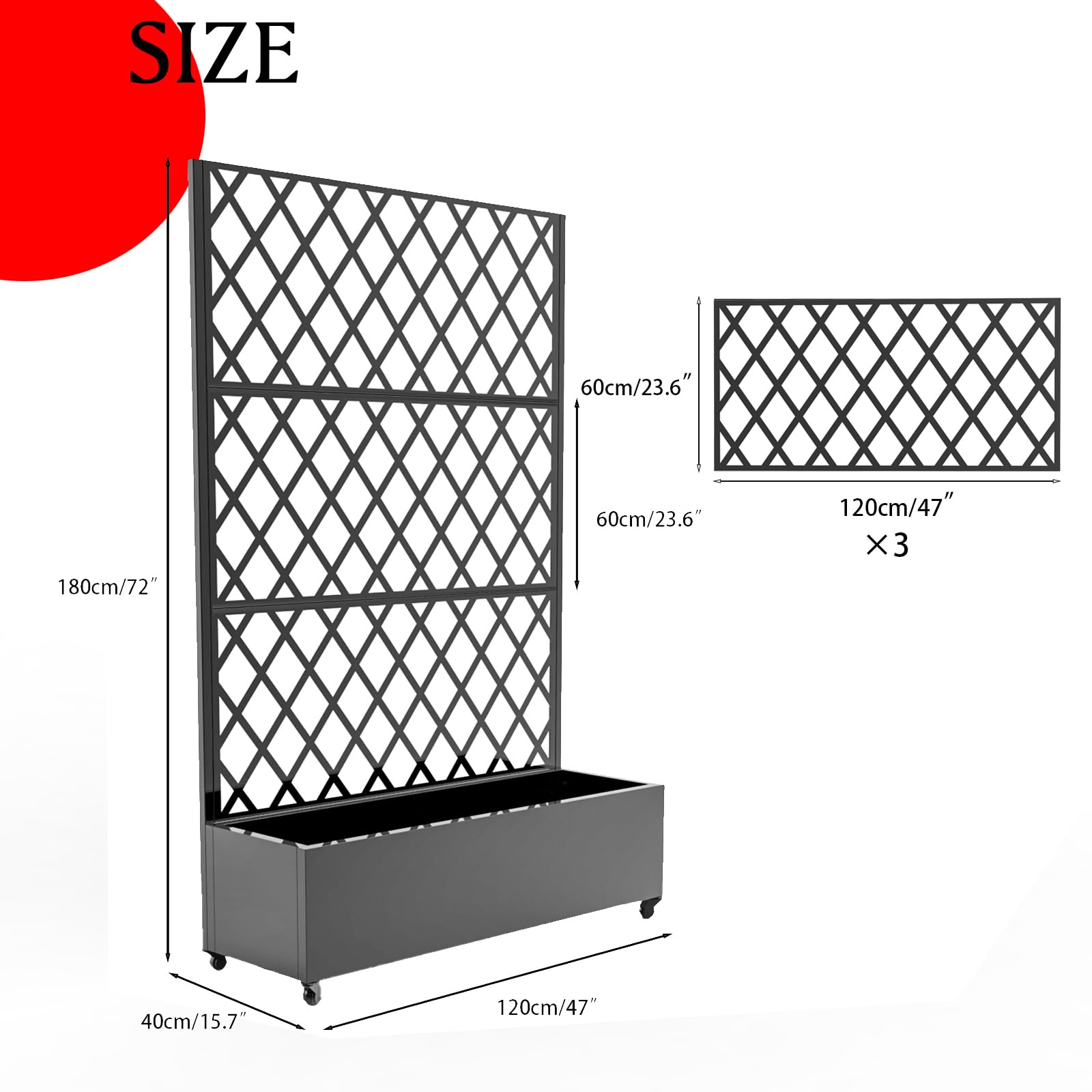 Garvee Schermo per la privacy in metallo con fioriera 72"x47" 3 pannelli con motivo a foglie, resistente alle intemperie, per giardino, terrazza, verde
