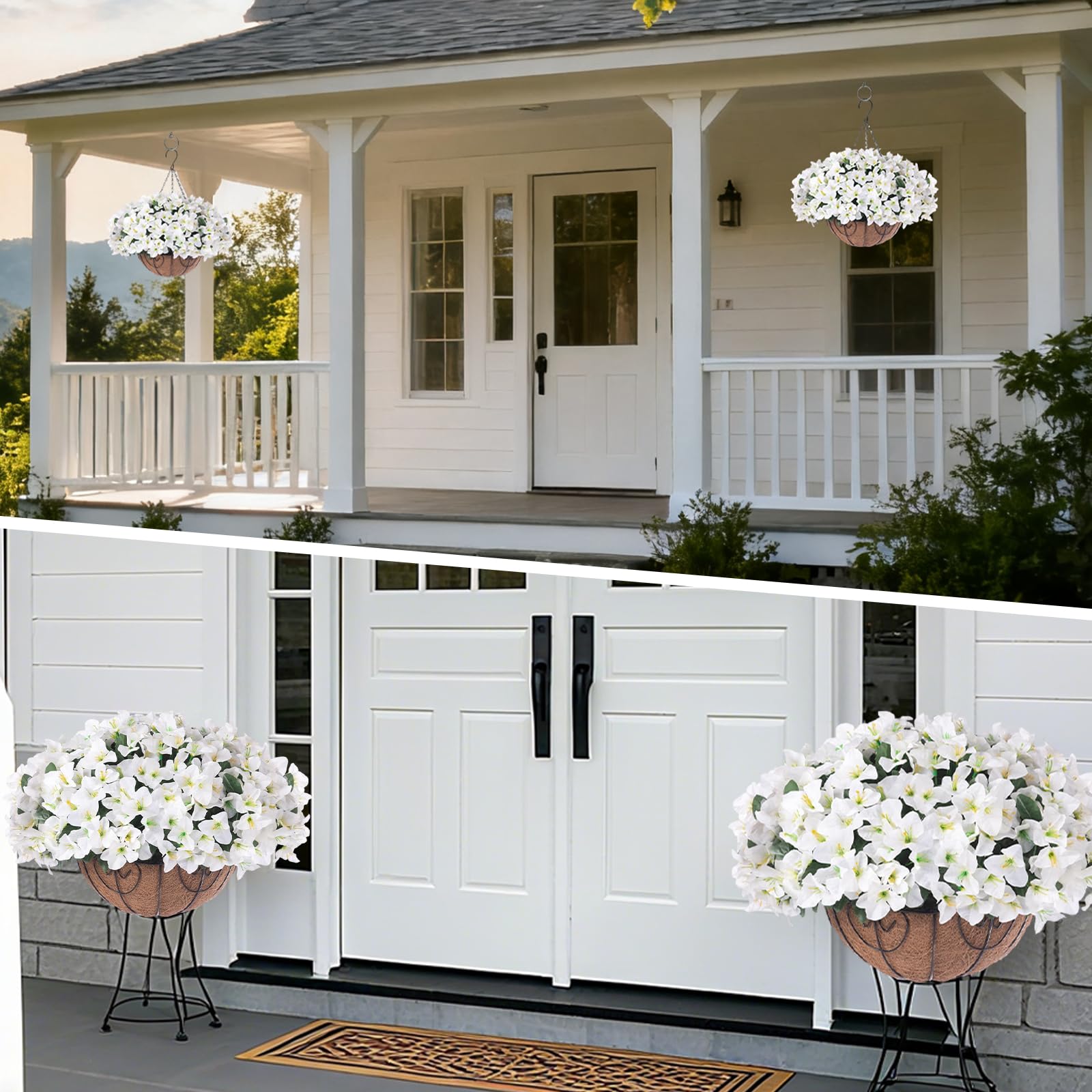 Garvee Set di fiori di bouganville artificiali con cesto marrone per giardino e terrazza, 12 pezzi, resistenti ai raggi UV, resistenti alle intemperie, bianchi e verdi