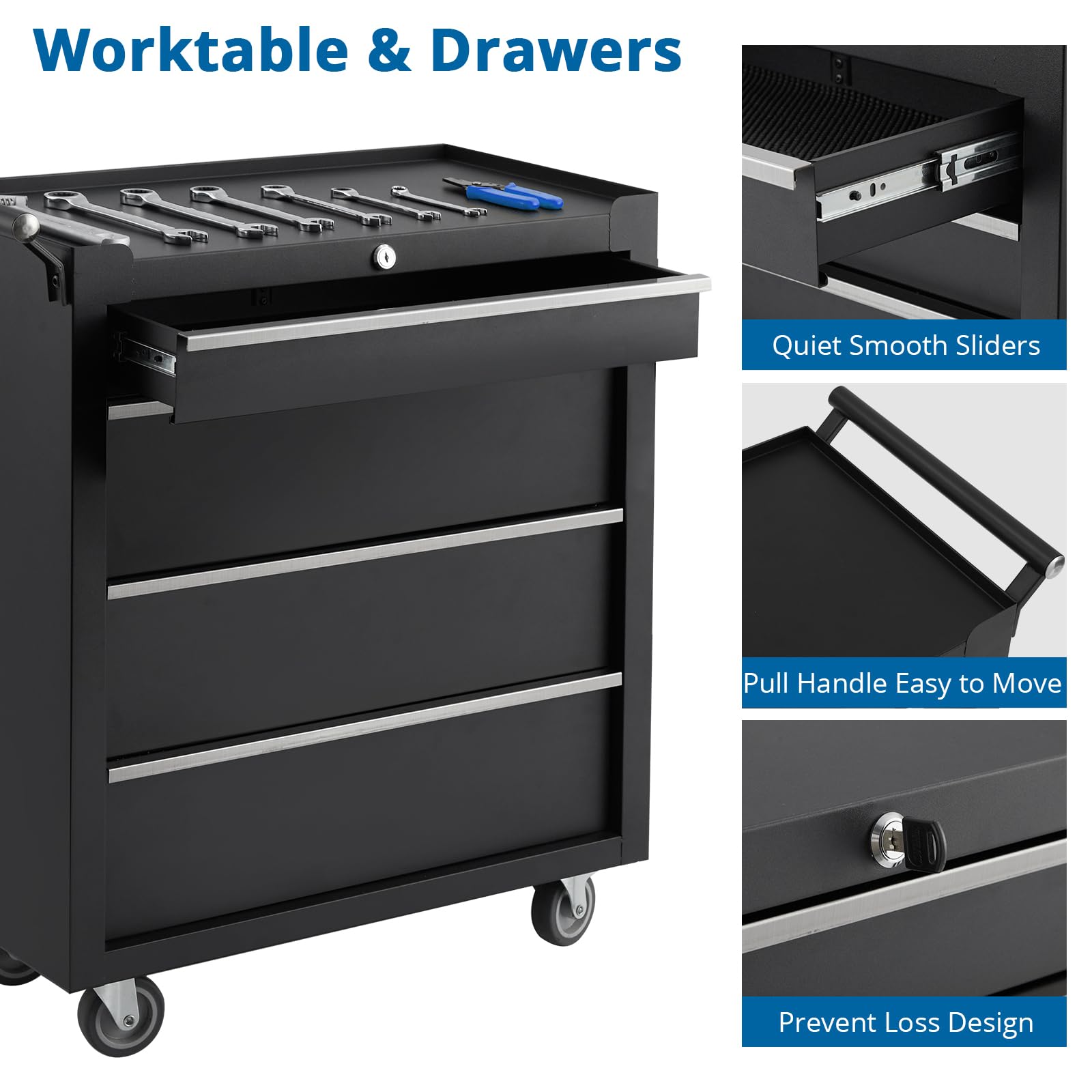 Carrello portautensili Garvee con 6 cassetti, ruote, serratura, acciaio, per officina e garage, 24 pollici, nero