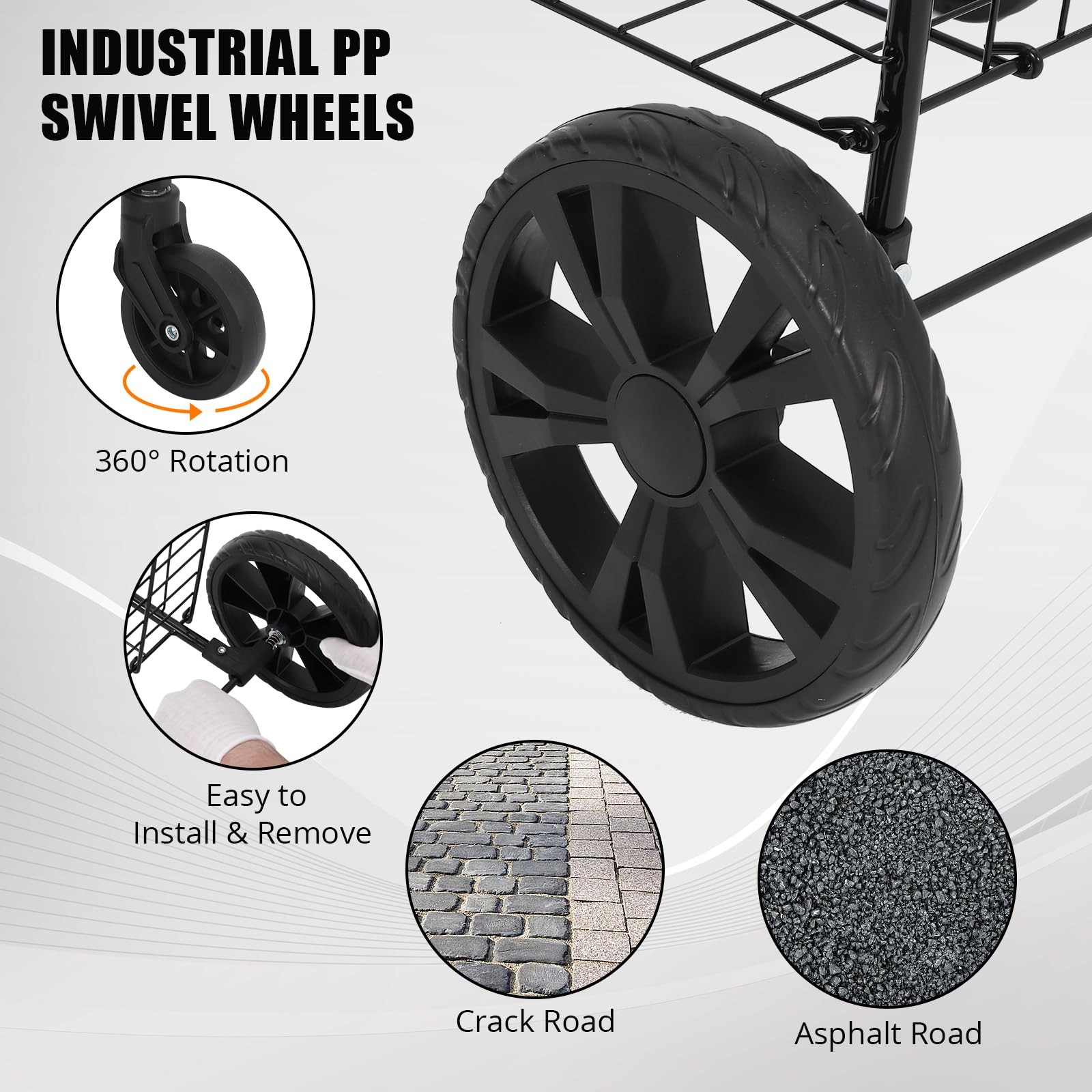 Carrello della spesa pieghevole Garvee, capacità 110 libbre, ruote girevoli a 360°, cestino da 22 galloni, acciaio legato, leggero, per la spesa e i picnic, pieghevole, grigio