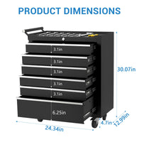 Carrello portautensili Garvee con 6 cassetti, ruote, serratura, acciaio per officina e garage, 24 pollici, nero
