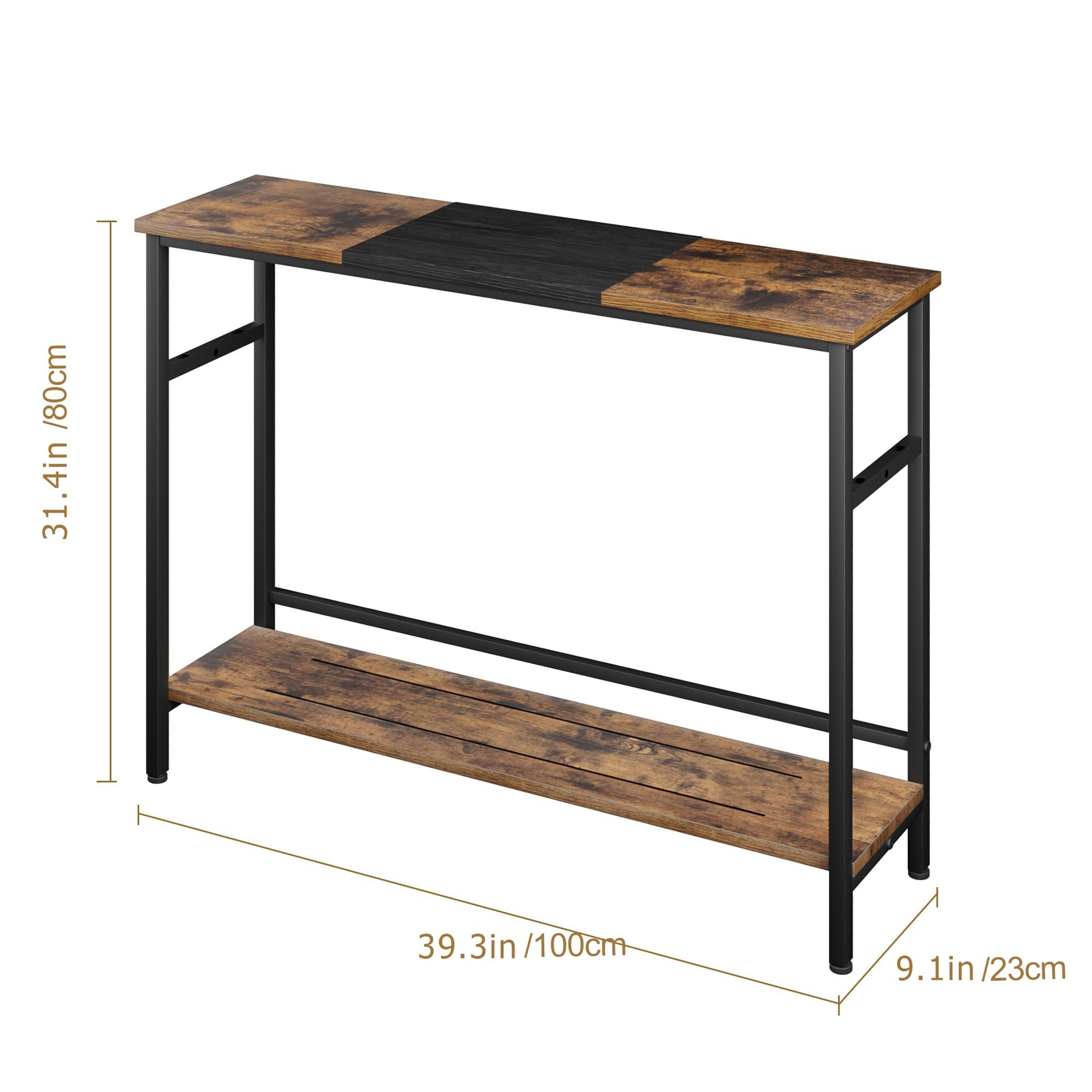 GARVEE Tavolo consolle stretto con ripiani in legno, colore vintage, struttura in metallo, 100x23x80 cm, robusto, per piccoli spazi, corridoio, soggiorno
