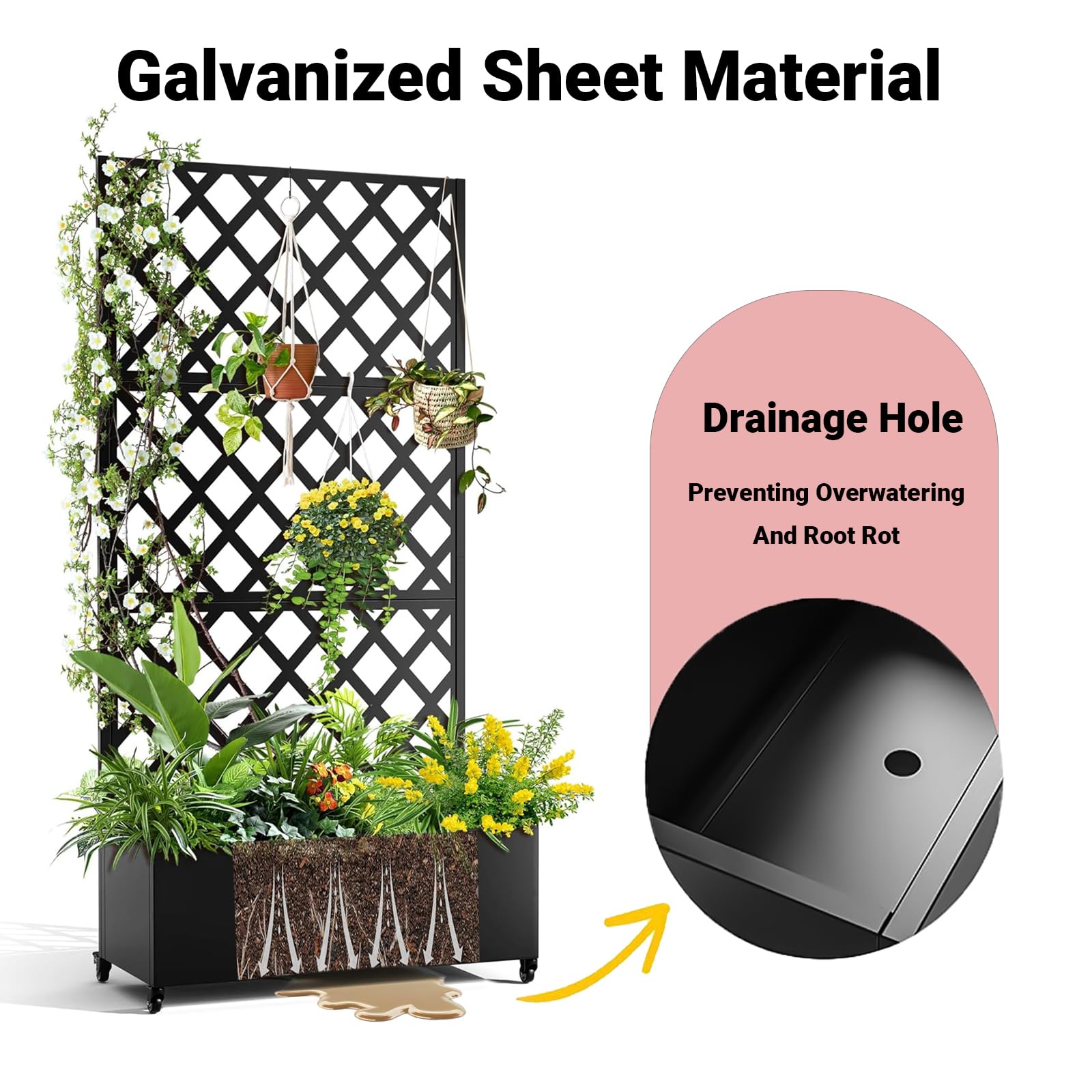 Garvee Schermo per la privacy in metallo con fioriera 72"x47" 3 pannelli con motivo a foglie, resistente alle intemperie, per giardino, terrazza, verde