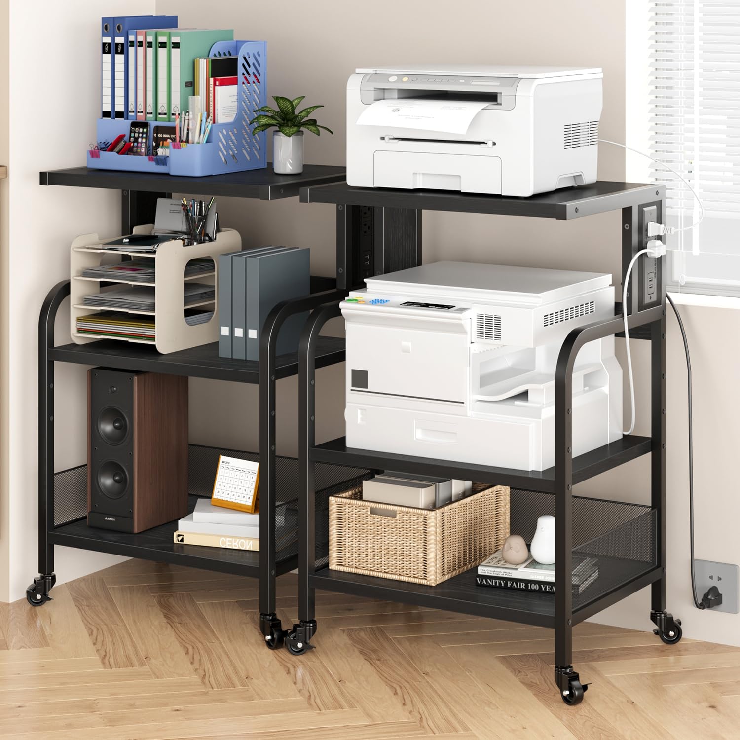 Supporto per stampante mobile Garvee di grandi dimensioni con 2 porte CA e 2 porte USB, regolabile su 3 livelli, metallo e MDF, 4 ruote con freni, impermeabile, per ufficio e casa, 20,46" x 15,76" x 31,46"