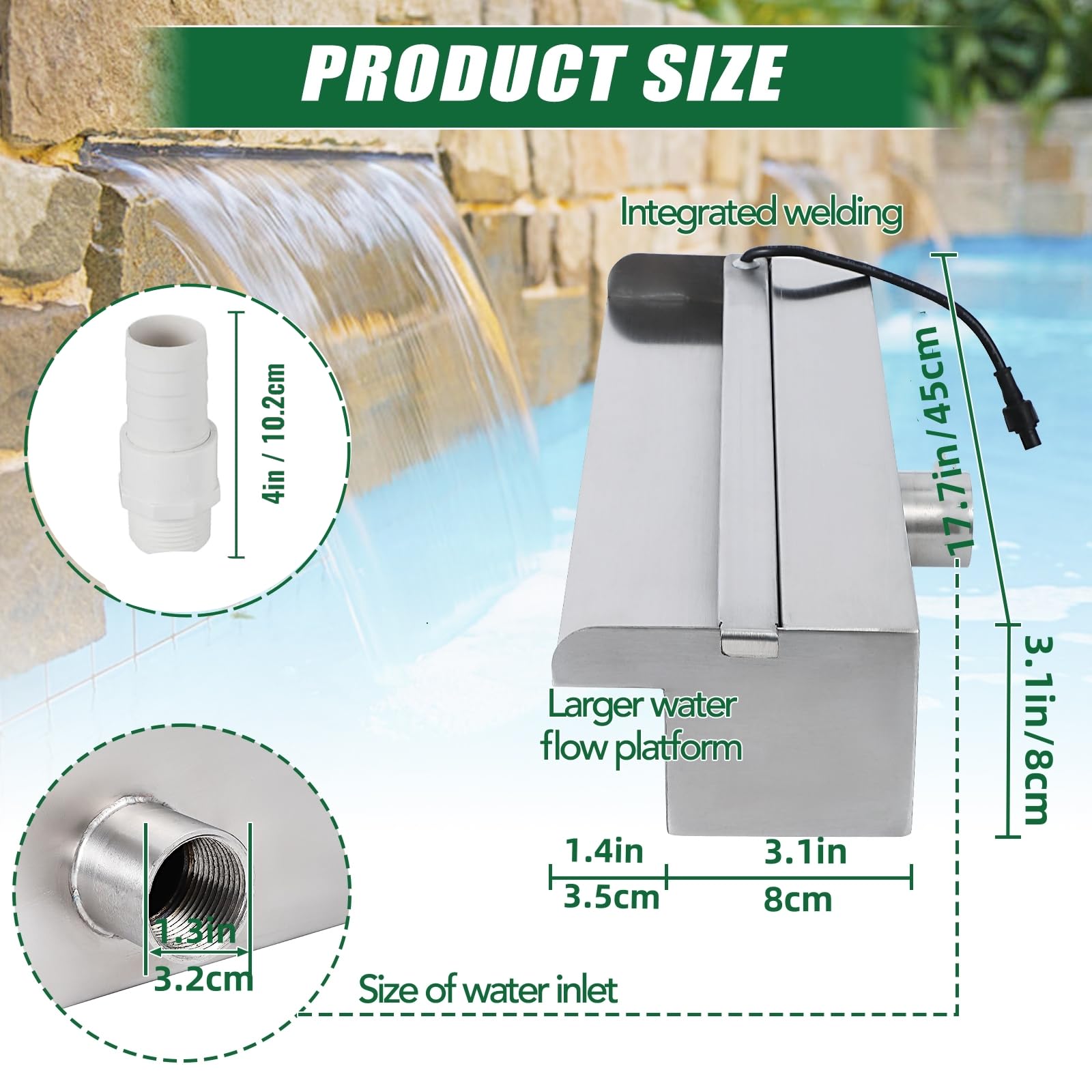 Fontana per piscina Garvee in acciaio inox con cascata, 45 x 11,4 x 8 cm, antiruggine, per giardino e piscina