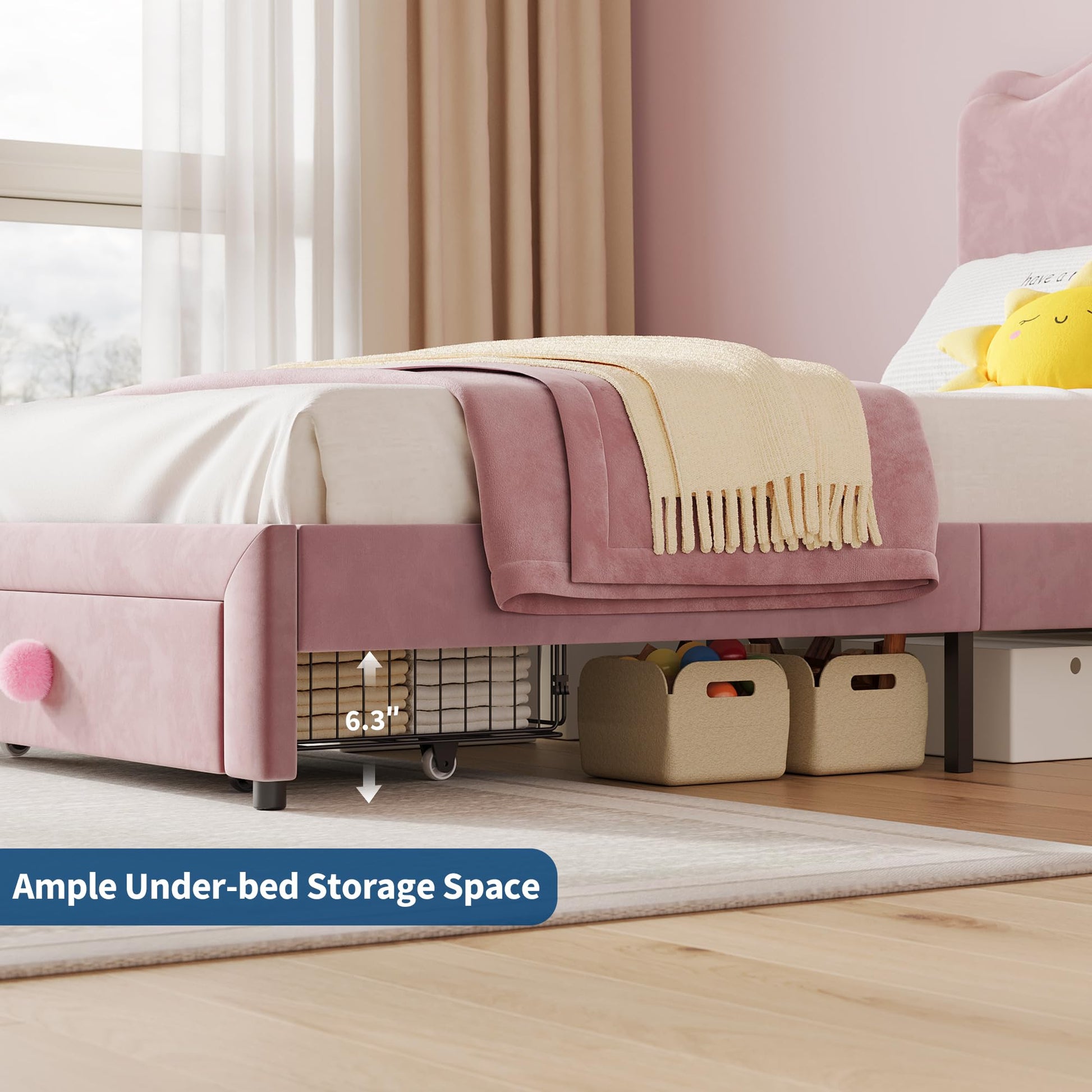 Struttura per letto singolo imbottita Garvee con contenitore e testiera a conchiglia per cameretta dei bambini, rosa, cassetto 25,6" x 16,9", spazio sottoletto 6,3"