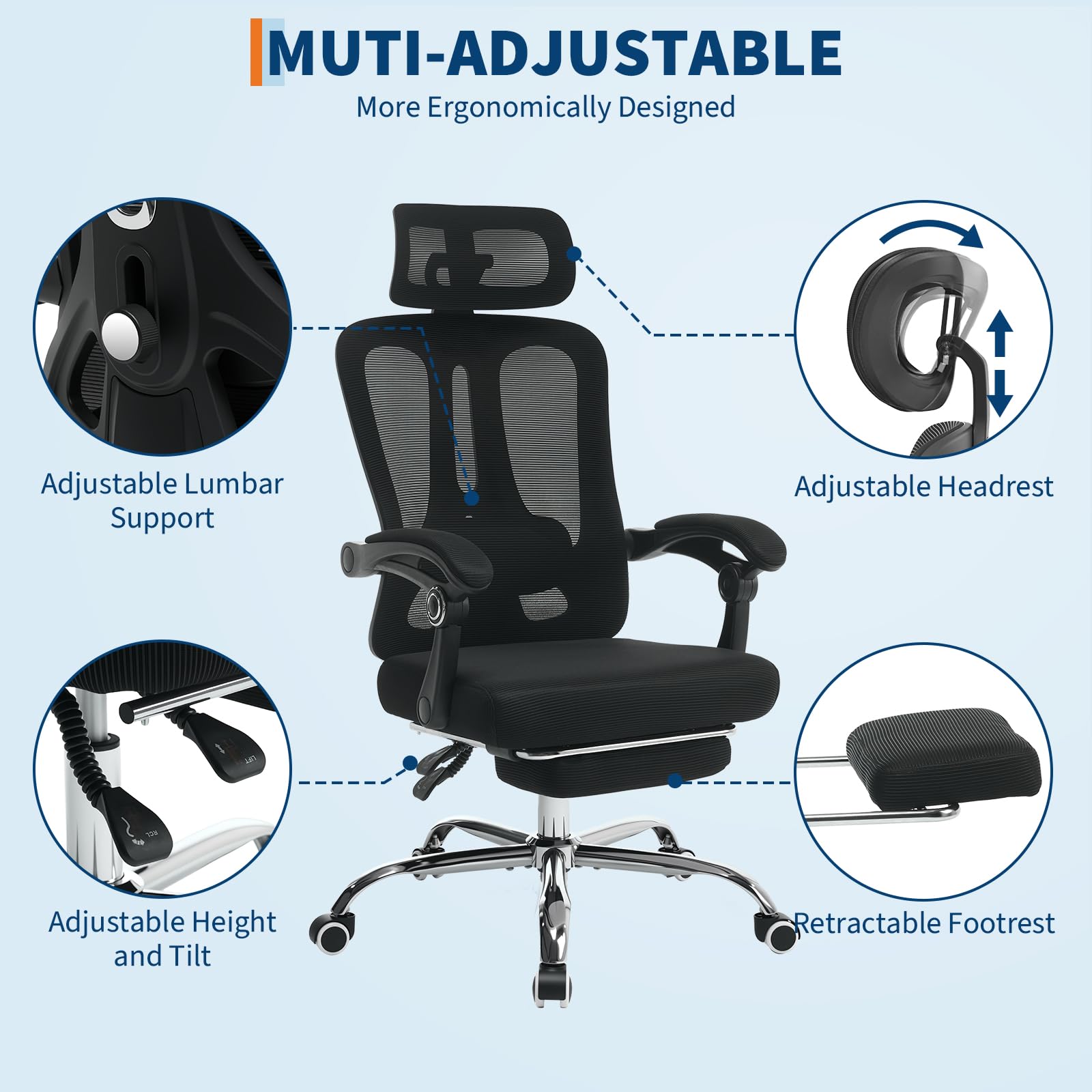 Sedia da ufficio ergonomica Garvee in rete con schienale alto, poggiatesta regolabile, poggiapiedi per ufficio e camera da letto, altezza regolabile, traspirante, rotelle, nera