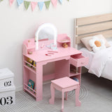 Tavolo da toeletta per bambini Garvee con specchio illuminato e sgabello, MDF, modalità luce LED, spazio di archiviazione, per bambine dai 3 ai 9 anni, camera da letto e sala giochi, bianco - Rosa