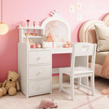 Garvee Tavolo Trucco Bambini con Luci LED, 2 in 1 Tavolo e Sgabello in Legno, Specchio a Corona, 3 Cassetti, Sicuro e Robusto, Regalo Bambine - Bianco