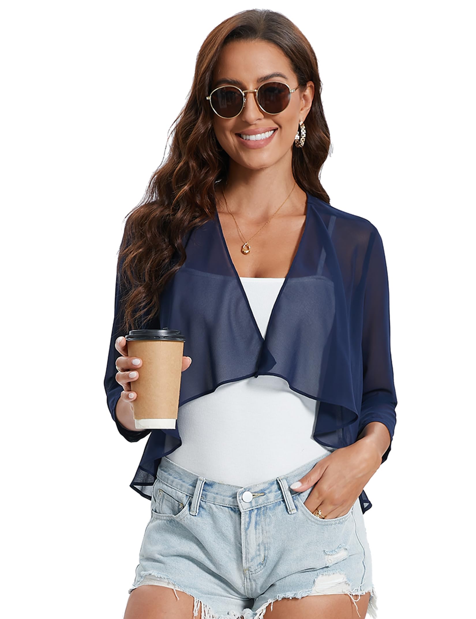 Garvee Bolero estivo da donna in chiffon, cardigan, manica 3/4, blu navy, elegante e leggero, taglia XL