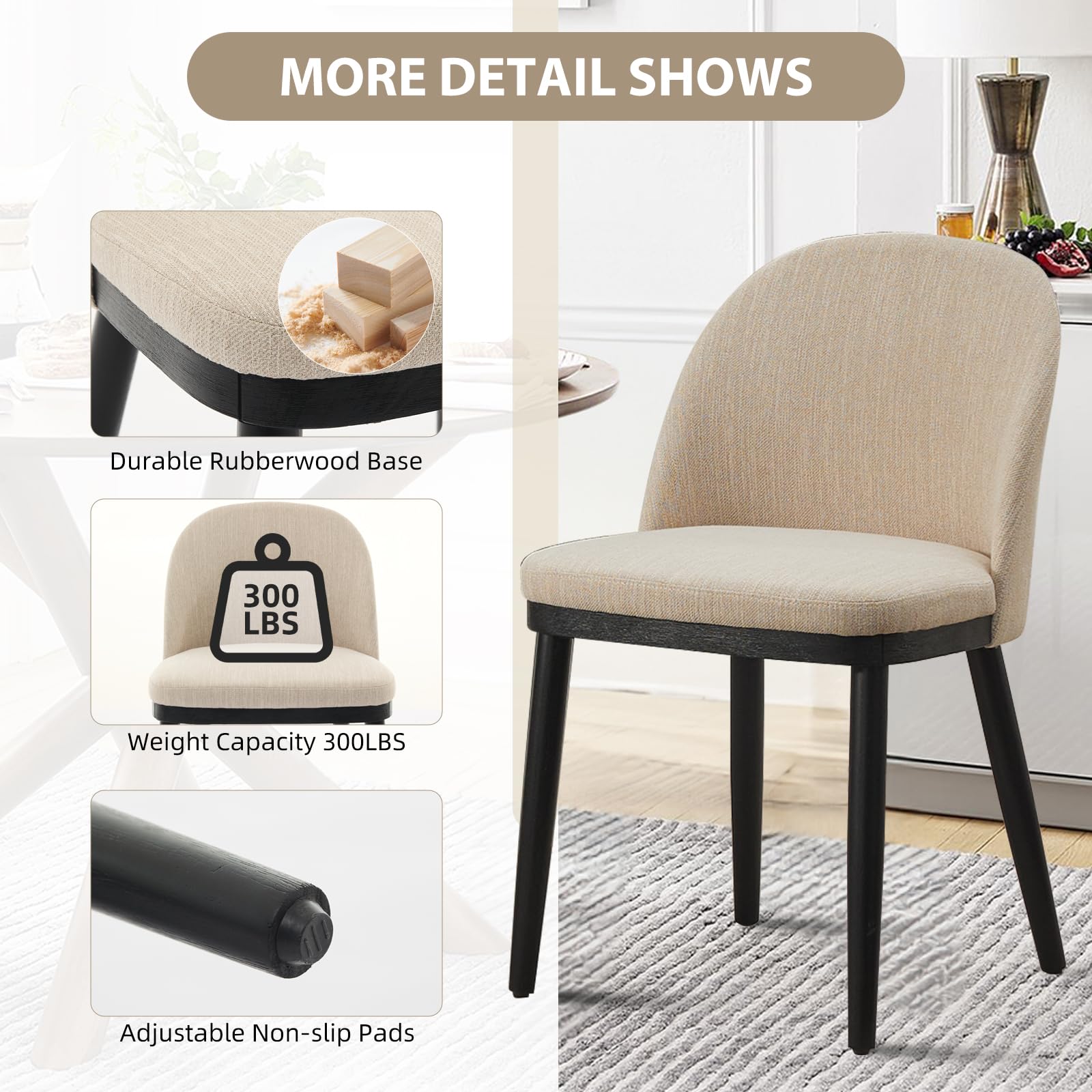 Sedie da pranzo imbottite Garvee, set da 2, beige, moderne, cuscini spessi, gambe in legno, schienale ergonomico, per cucina e bar