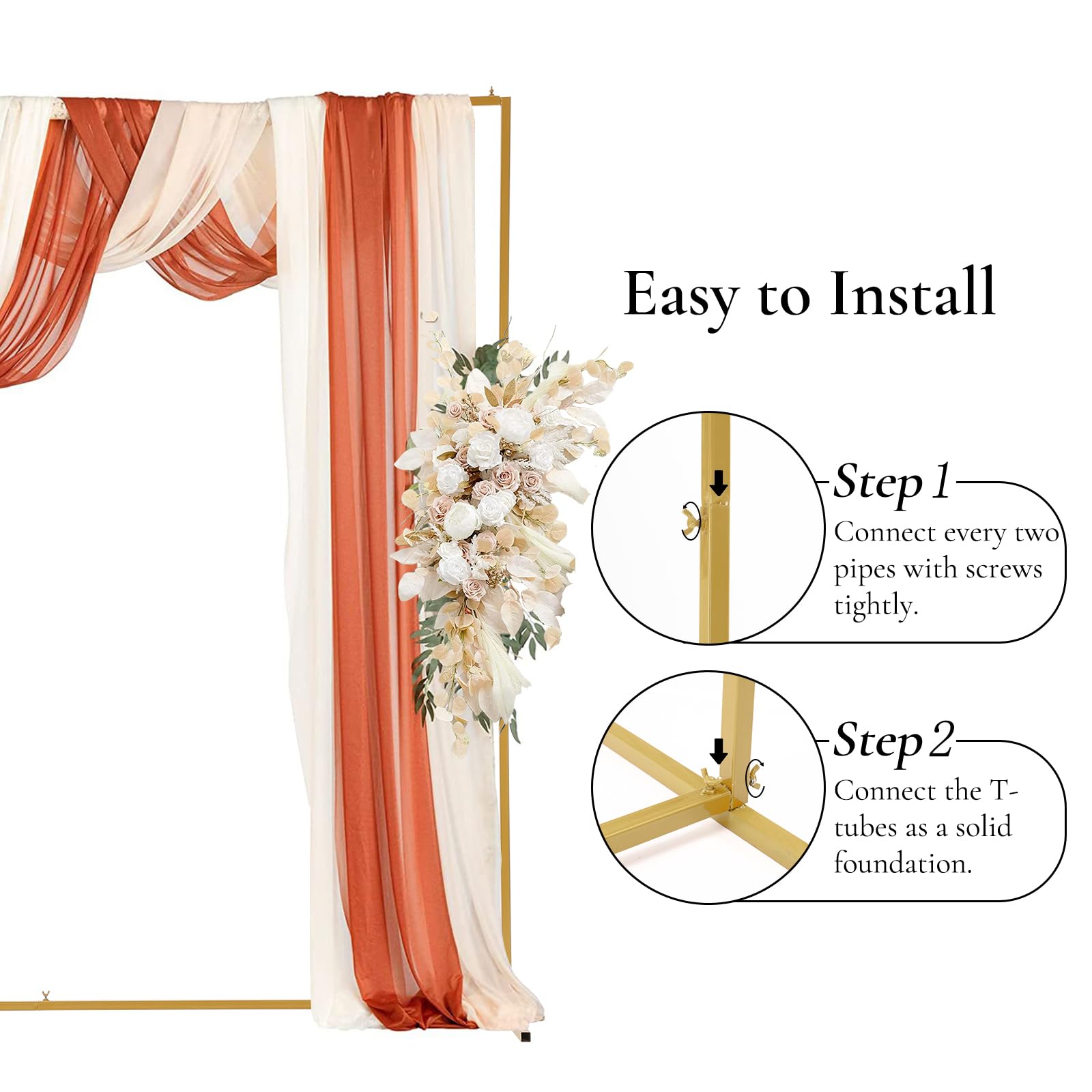 Garvee 8x8 FT Supporto per fondale quadrato per matrimonio in metallo dorato, stabile e resistente alla corrosione per feste e cerimonie