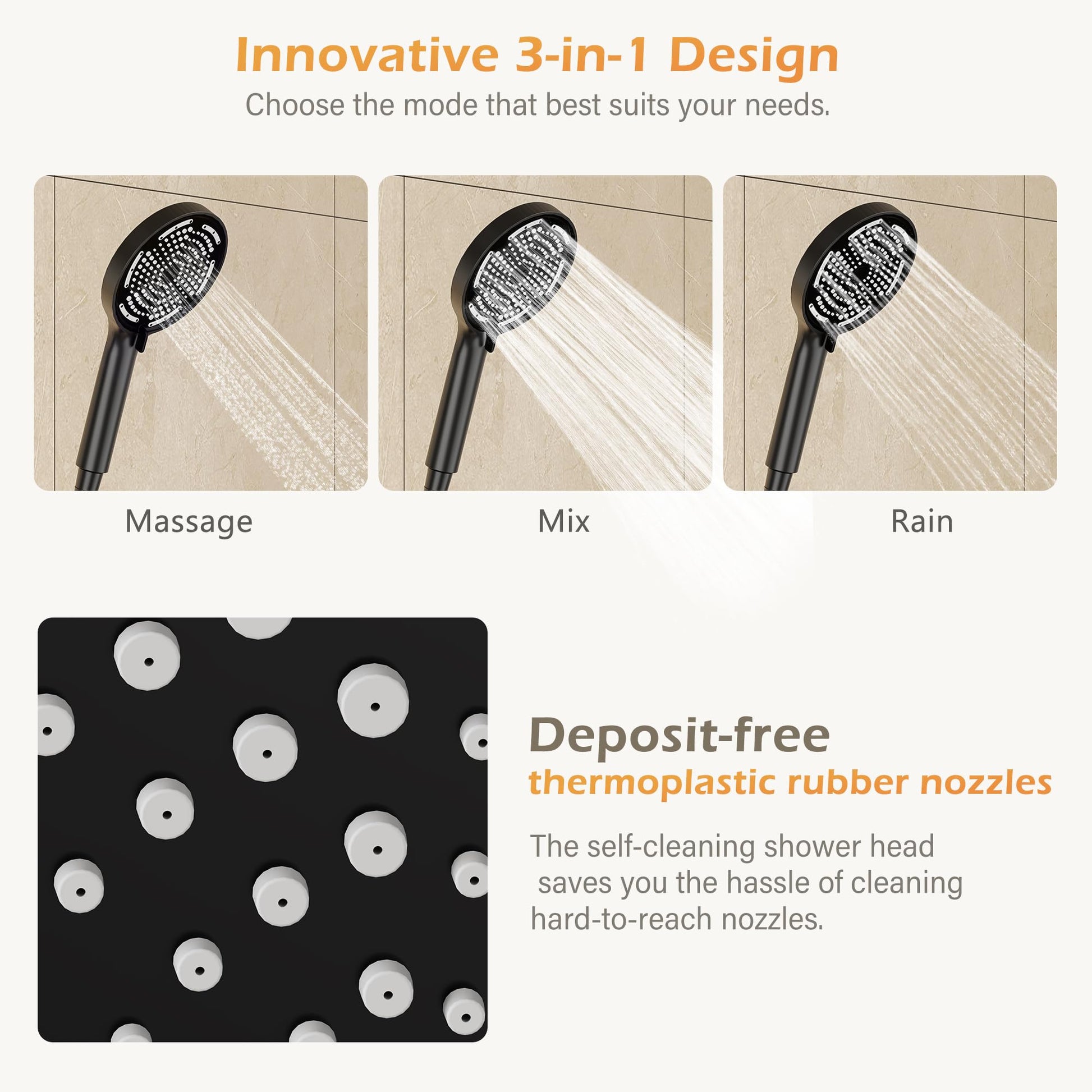 GARVEE Doccia a pioggia senza rubinetto con mensola, sistema doccia in acciaio inox, colonna doccia regolabile 74-114 cm, nero e oro, soffione da 25 cm