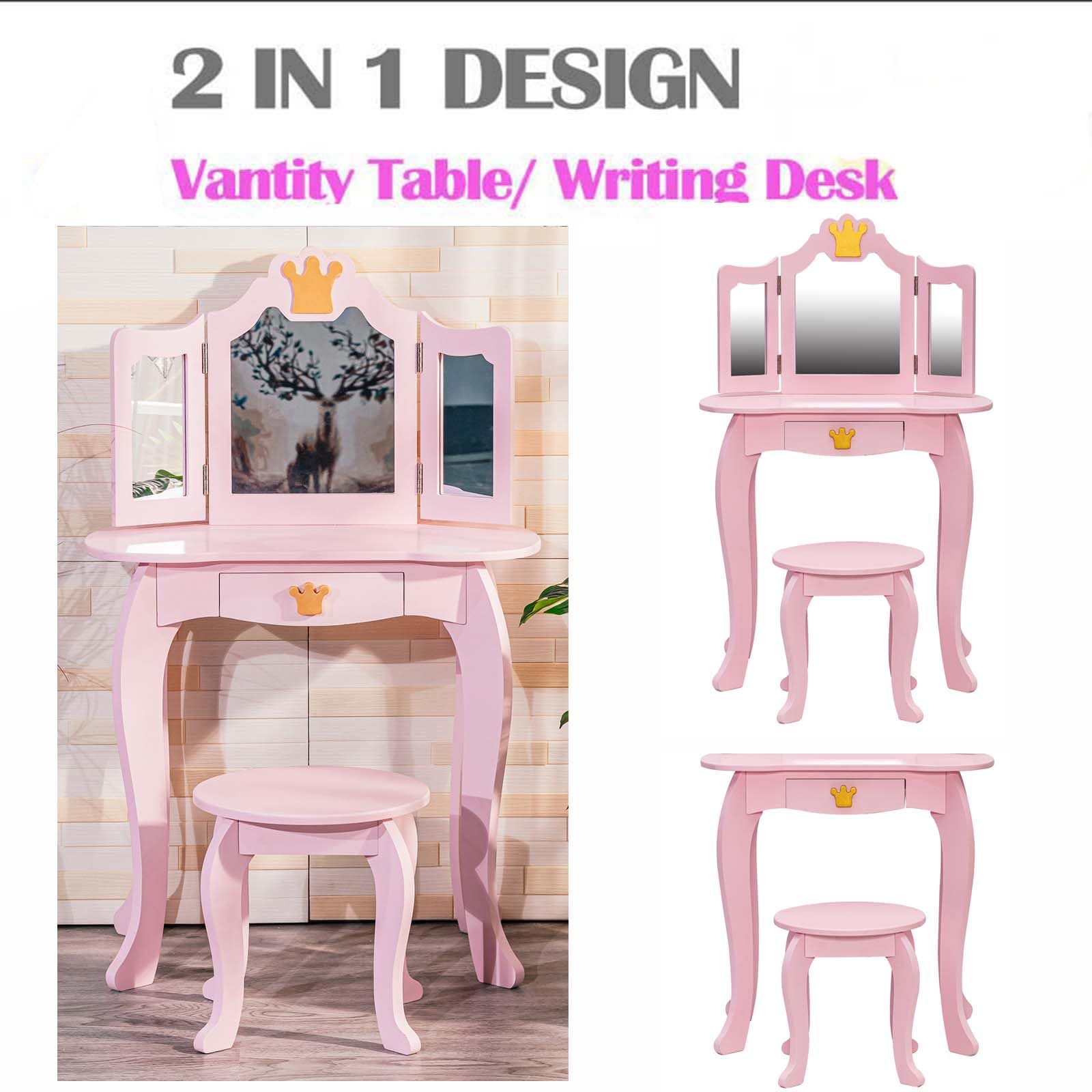 Garvee Tocador Infantil De Madera 2 En 1 Con Espejo Triple Plegable Y Cajón Para Niñas, Diseño Princesa, MDF Resistente, Taburete, Habitación Infantil